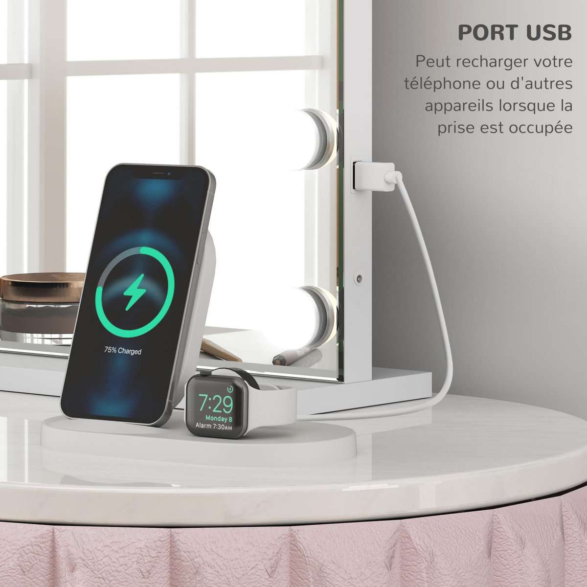 HOMCOM Miroir maquillage Hollywood lumineux LED intensité réglable grossissant charge USB support blanc