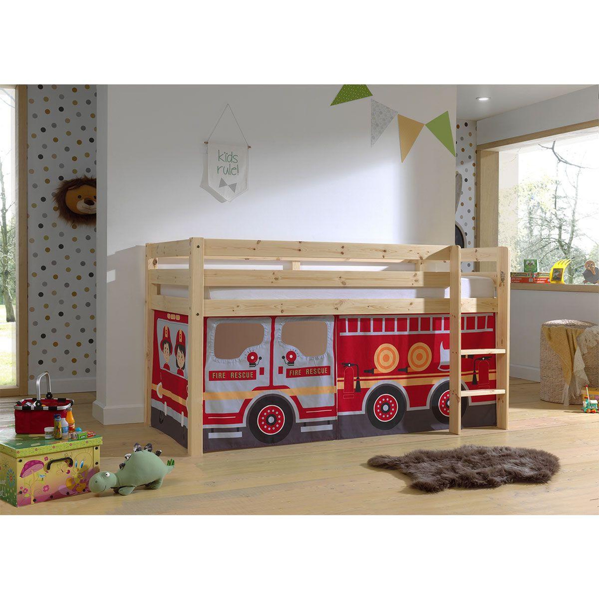 Voir la diapositive 2 : Paris Prix Lit enfant surélevé  pino fire truck  90x200cm naturel