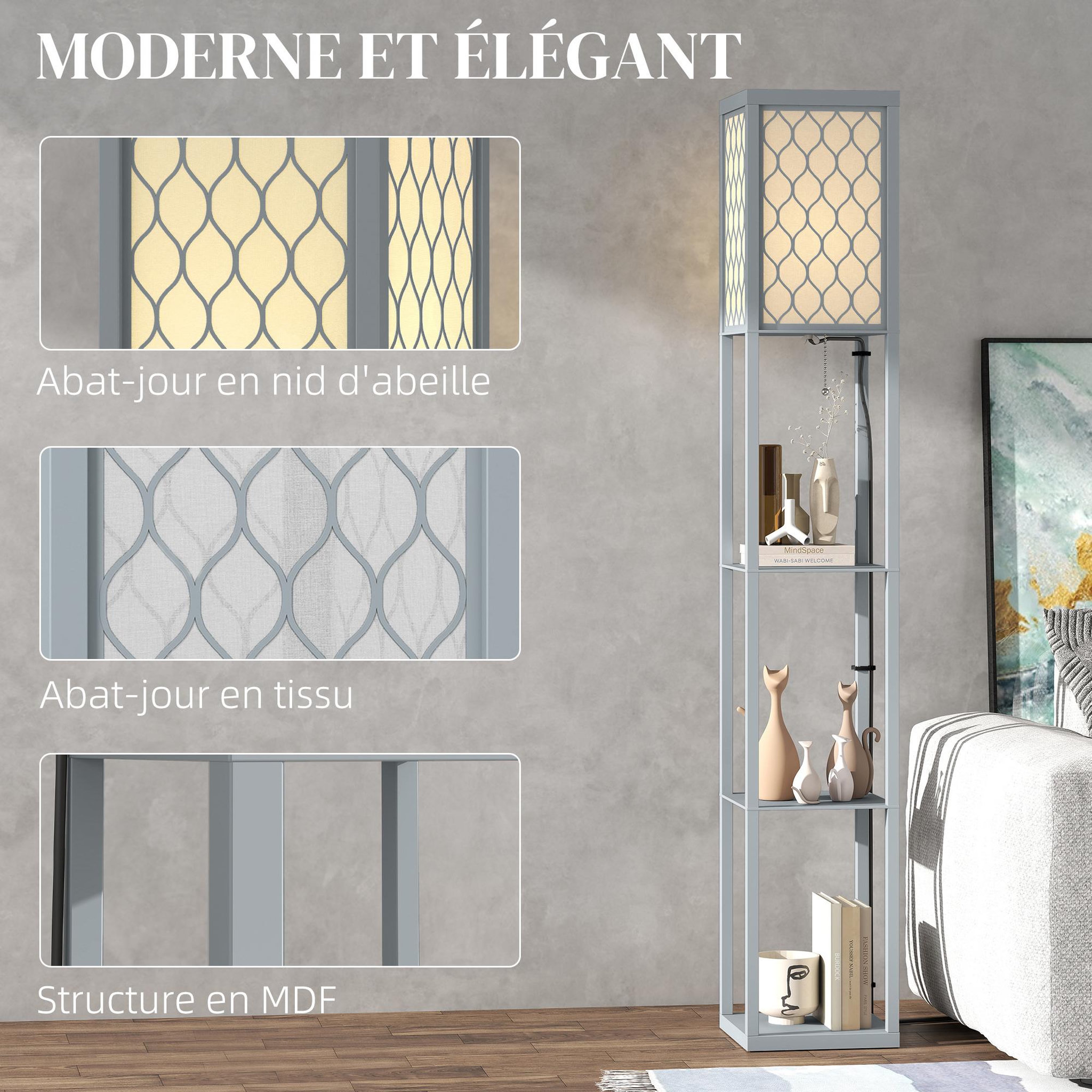 Voir la diapositive 5 : HOMCOM Lampadaire étagère lampe étagère 26l x 26l x 160h cm 3 étagères 4 niveaux mdf gris motif nid d'abeille
