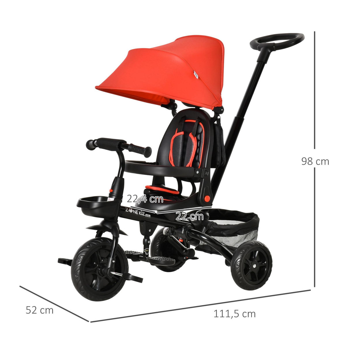HOMCOM Tricycle enfant évolutif pliable 4 en 1 multifonction - pare-soleil, canne télescopique amovible - siège pivotant, harnais, arceau sécurité - 3 paniers rangement - métal PP rouge noir