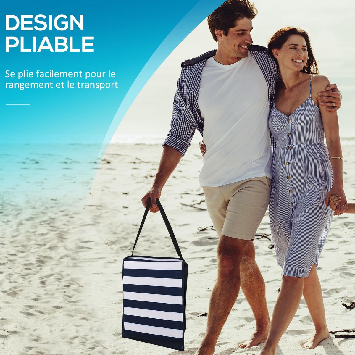 OUTSUNNY Lot de 2 tapis de plage rembourrés pliables - matelas de plage - dossier inclinable, rangement - métal polyester blanc bleu