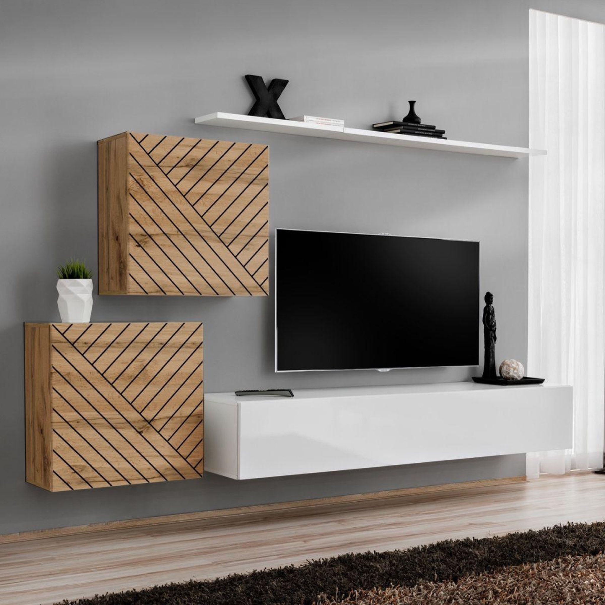 Paris Prix Ensemble meuble tv  switch lamel v  250cm blanc & naturel