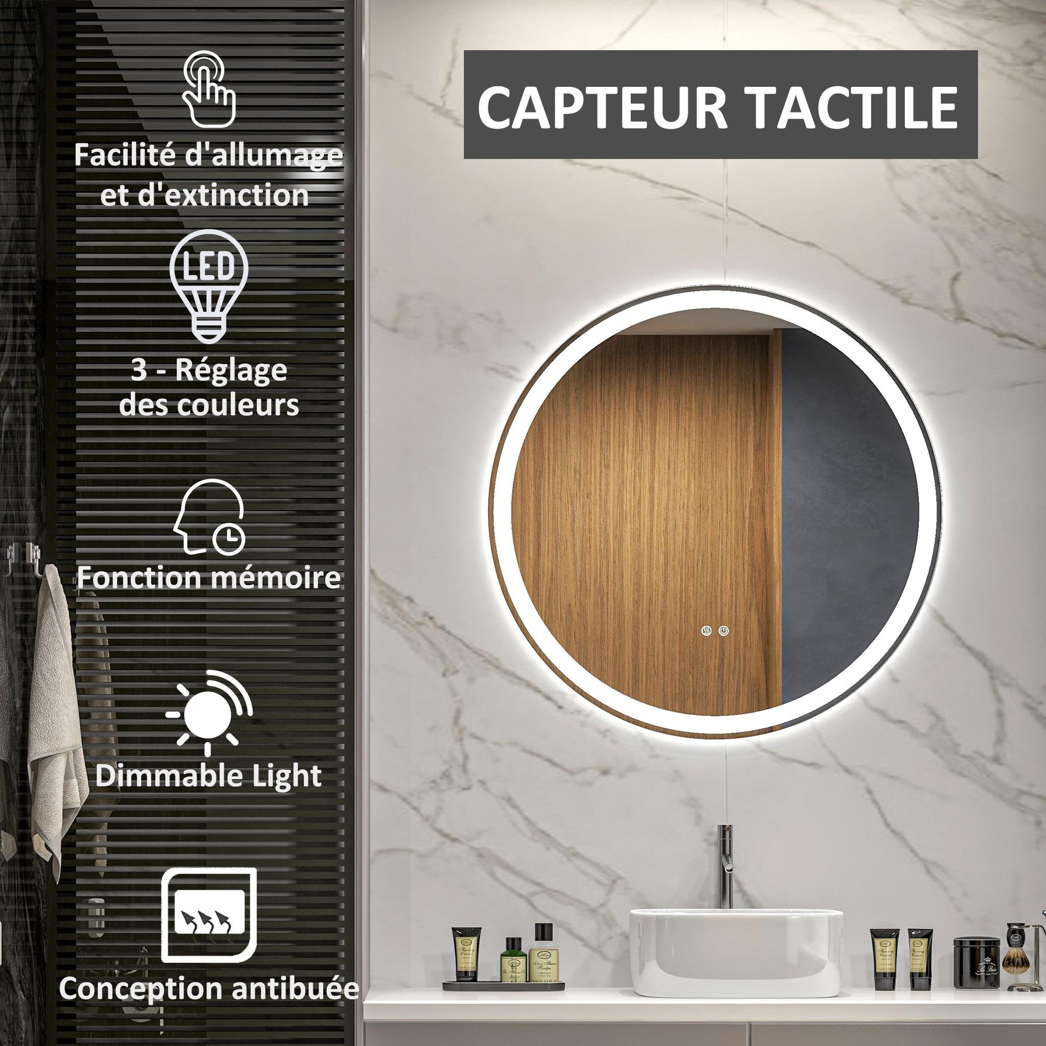 Voir la diapositive 4 : KLEANKIN Miroir rond lumineux led de salle de bain 23 w ø 70 cm tactile antibuée blanc argent