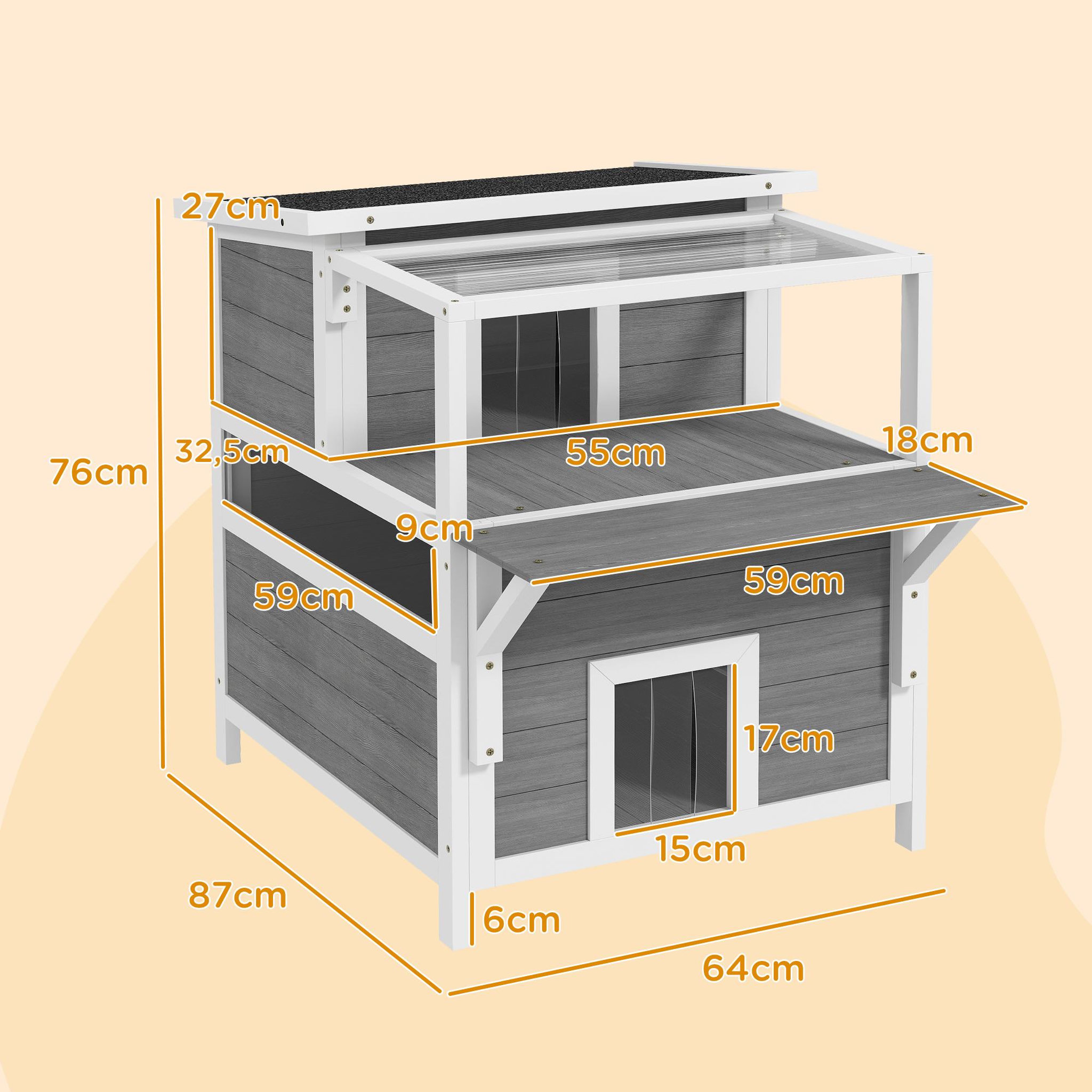 Voir la diapositive 3 : PAWHUT Maison niche chat sur pied - 2 niveaux, 2 portes, terrasse abritée, fenêtre - bois gris blanc