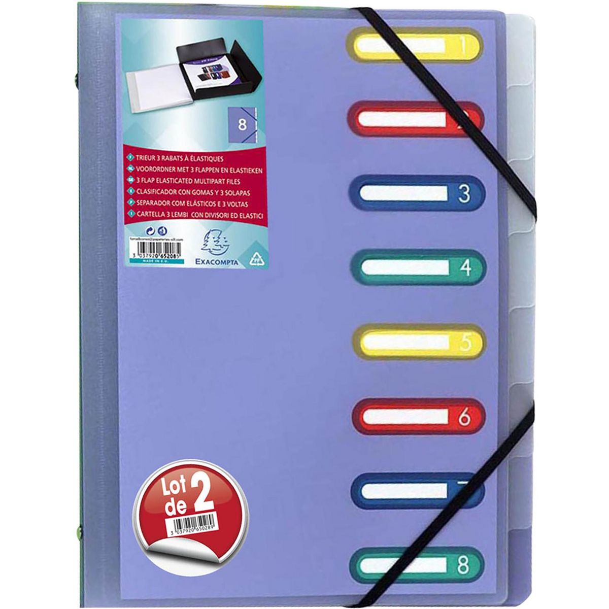 EXACOMPTA Lot de 2 trieurs 24.5x31.5cm - 8 positions - coloris assortis