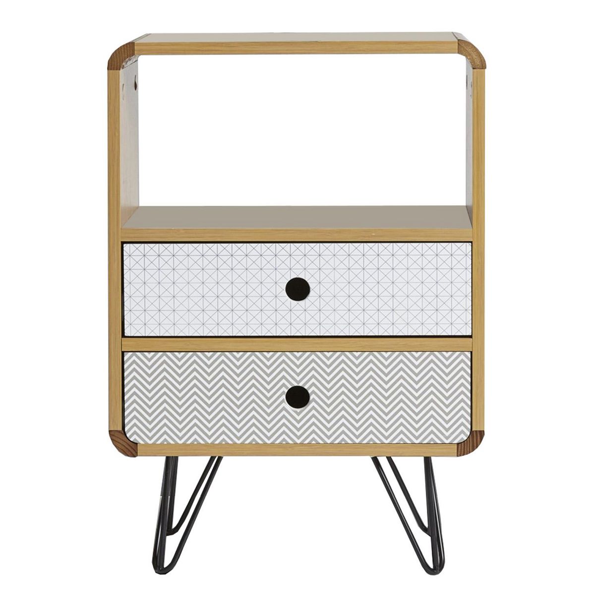 VS VENTA-STOCK Table Chevet Buda 2 Tiroirs, Couleur chêne, Jambes en métal en Noir