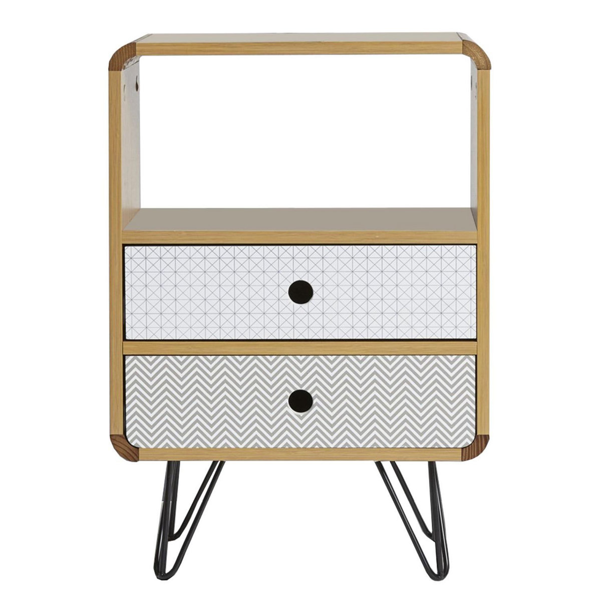 VS VENTA-STOCK Table Chevet Buda 2 Tiroirs, Couleur chêne, Jambes en métal en Noir