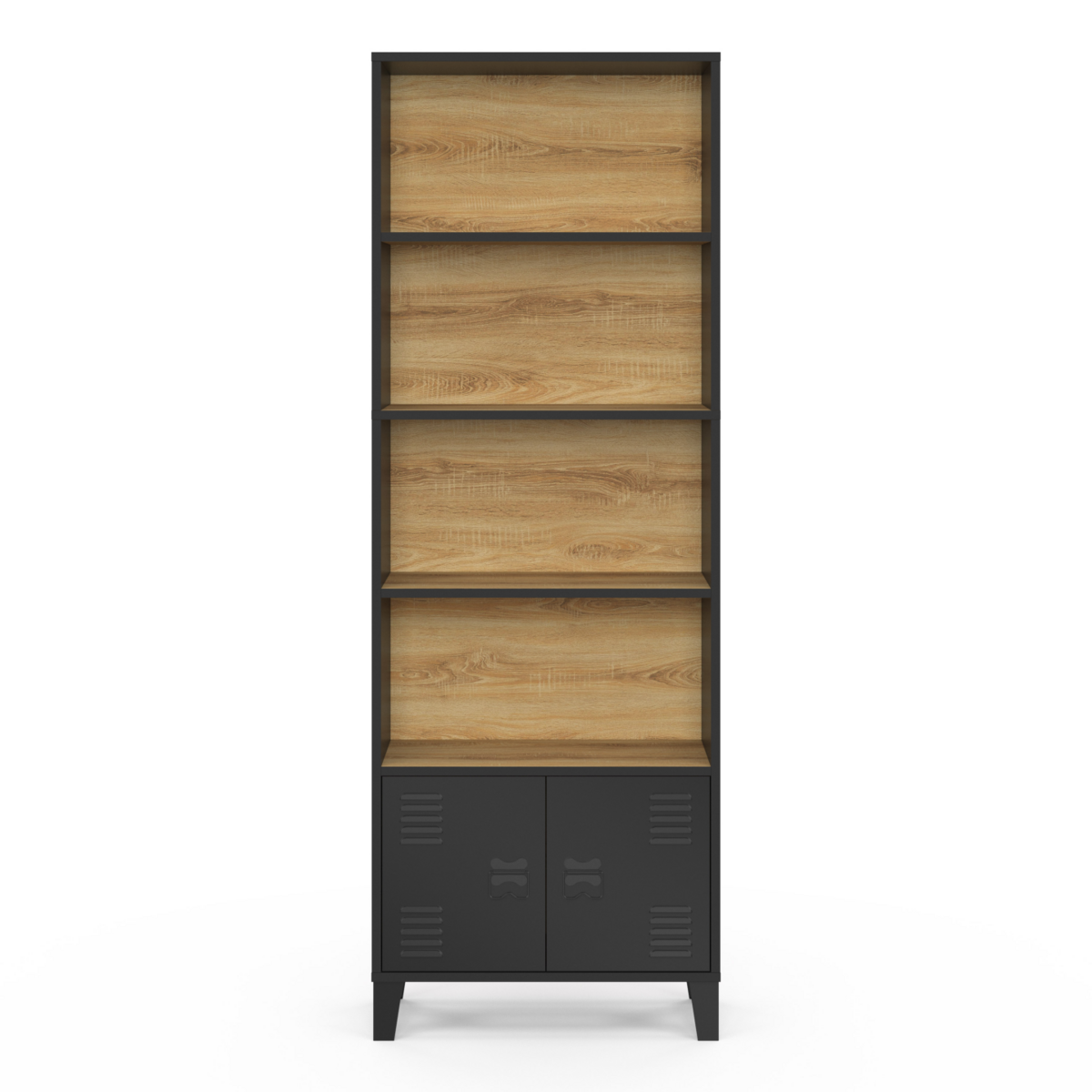 ID MARKET Etagère bibliothèque 5 niveaux avec placard ESTER portes métal noir et plateau bois design industriel