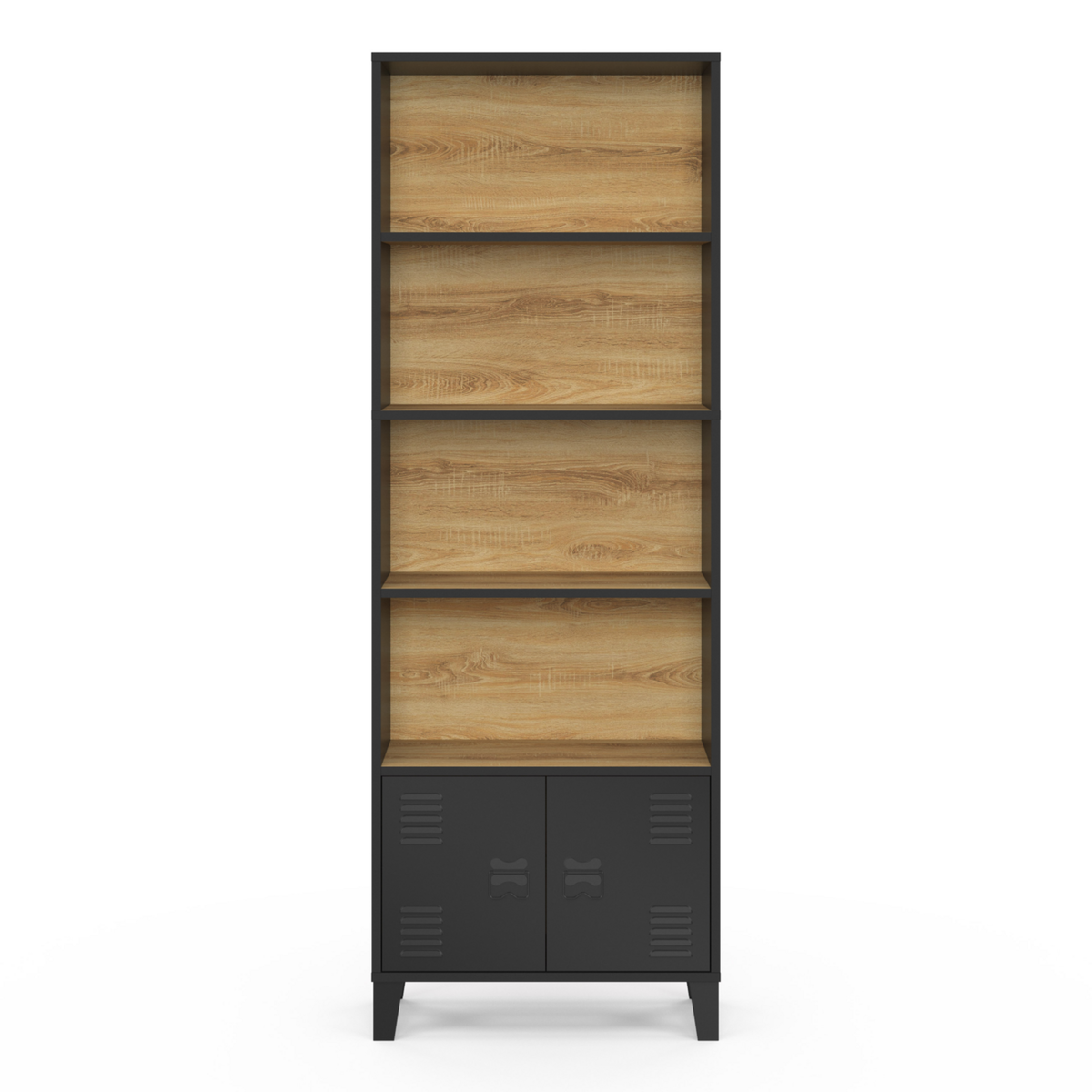 ID MARKET Etagère bibliothèque 5 niveaux avec placard ESTER portes métal noir et plateau bois design industriel