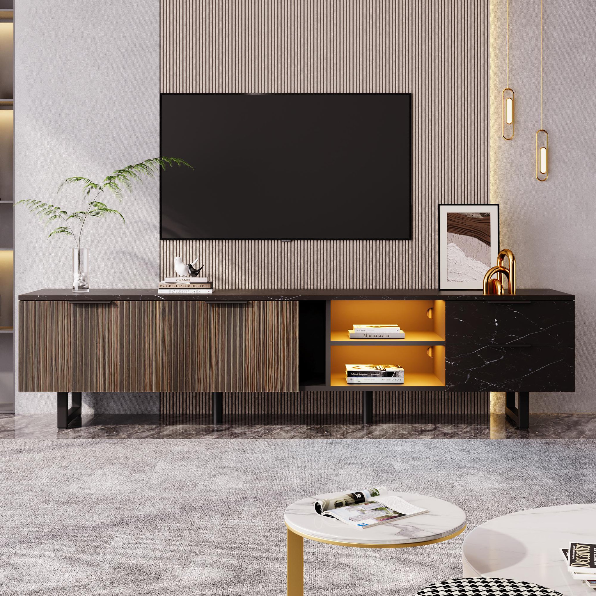 Voir la diapositive 2 : MERAX Meuble tv noir+naturel 200 cm led mdf