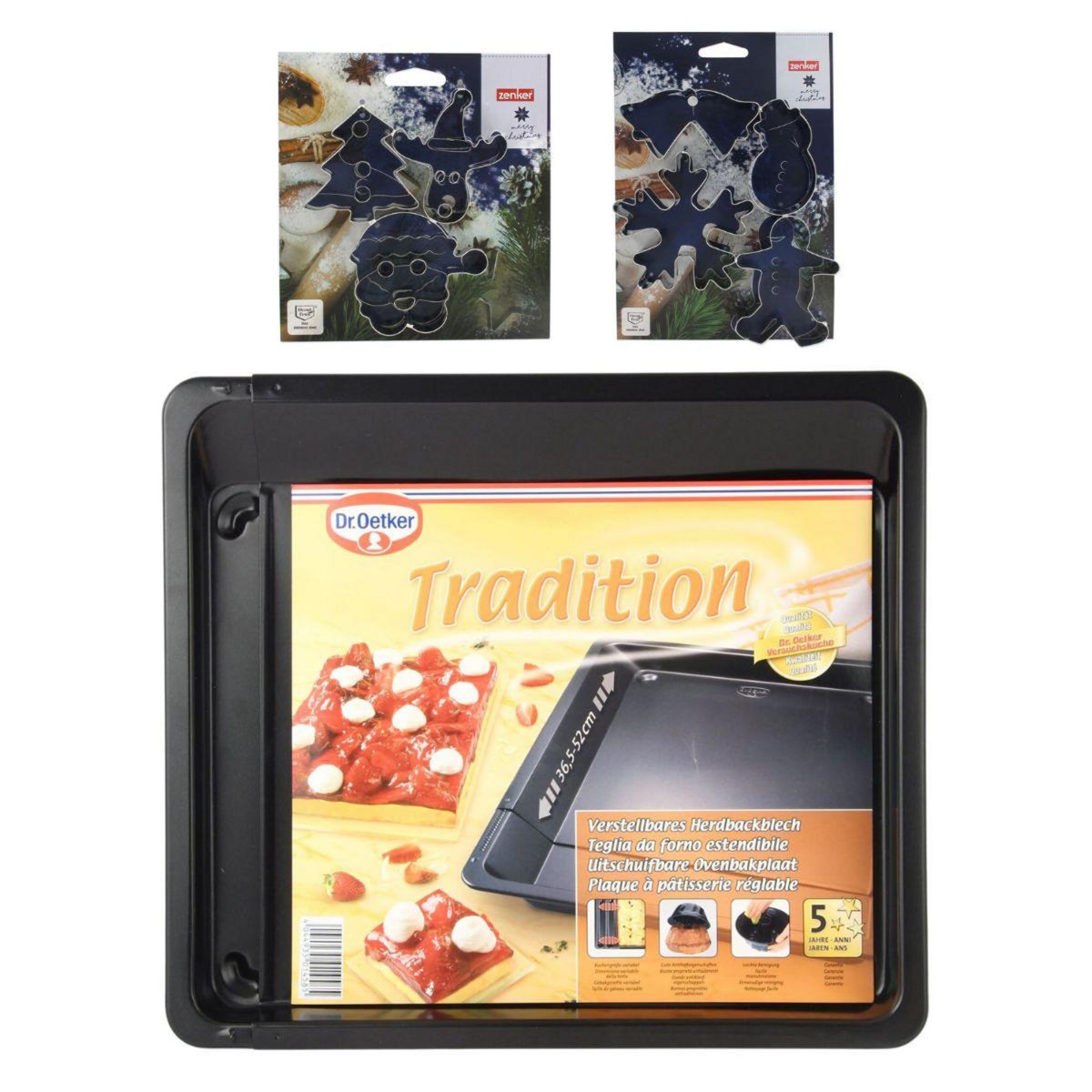 ZENKER Plaque de four extensible de 36,5 à 52 x 33 cm et 7 emporte-pièces de Noël en inox Zenker Noël