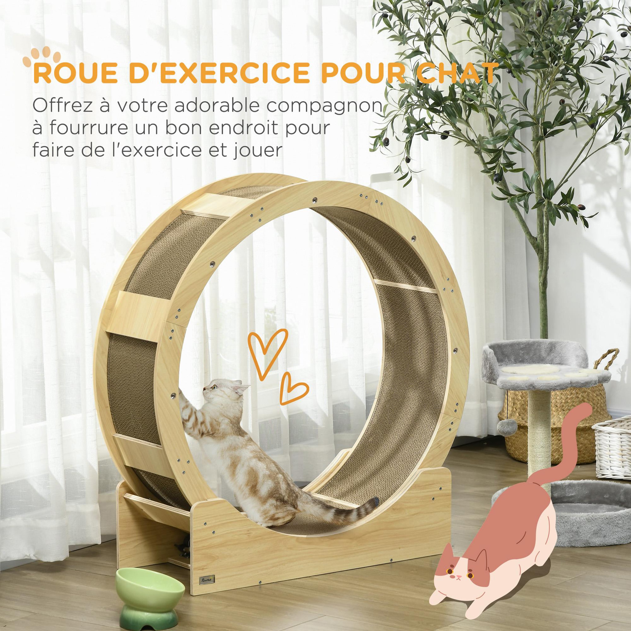 Voir la diapositive 4 : PAWHUT Roue d'exercice pour chat - frein, grattoirs - dim. 91l x 33,5p x 94h cm - aspect bois naturel