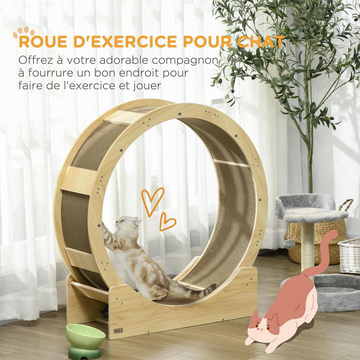 PAWHUT Roue d'exercice pour chat - frein, grattoirs - dim. 91L x 33,5P x 94H cm - aspect bois naturel