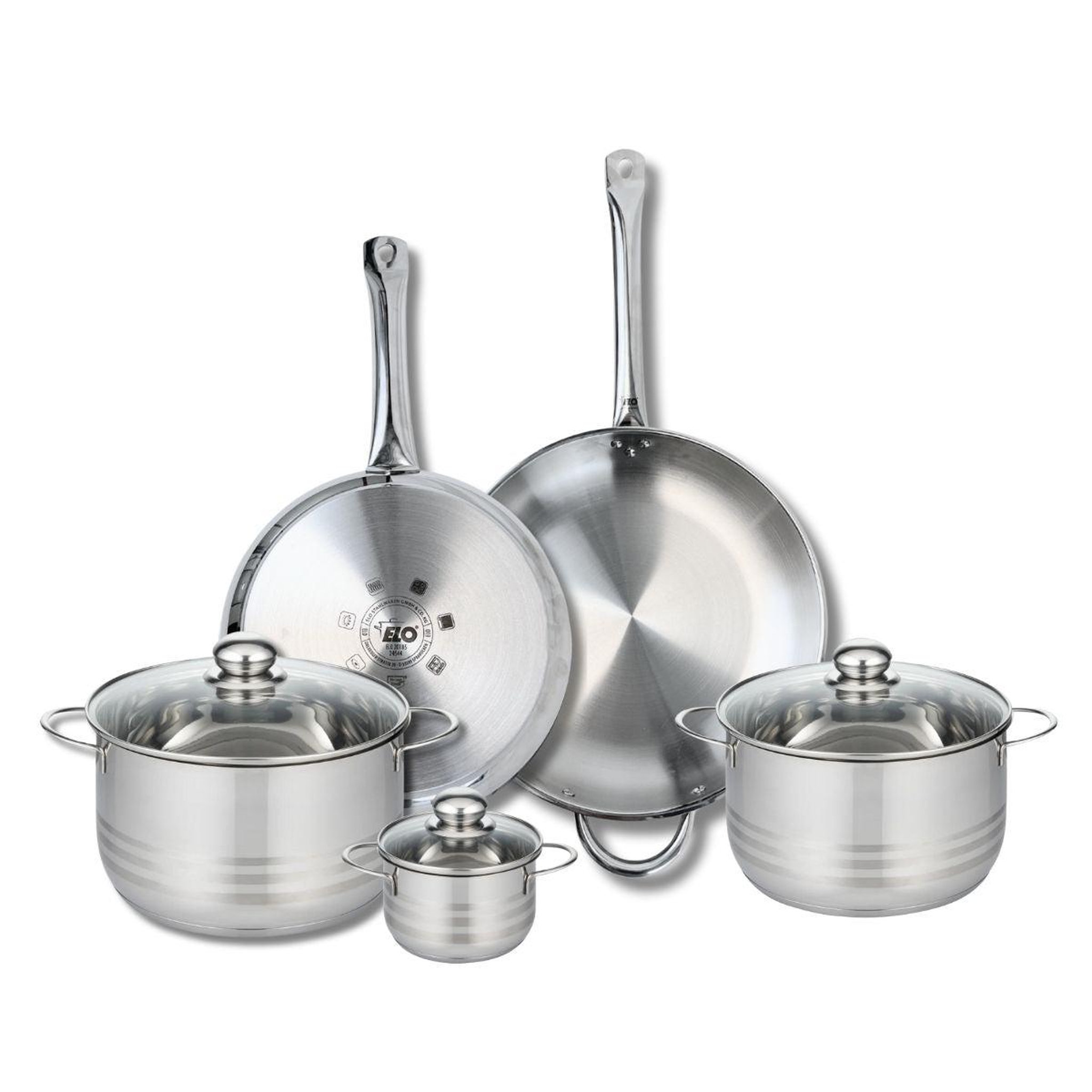 ELO Ensemble de 2 poêles de cuisson 28 et 32 cm et 3 faitouts 12, 20 et 24 cm elo profi brillant