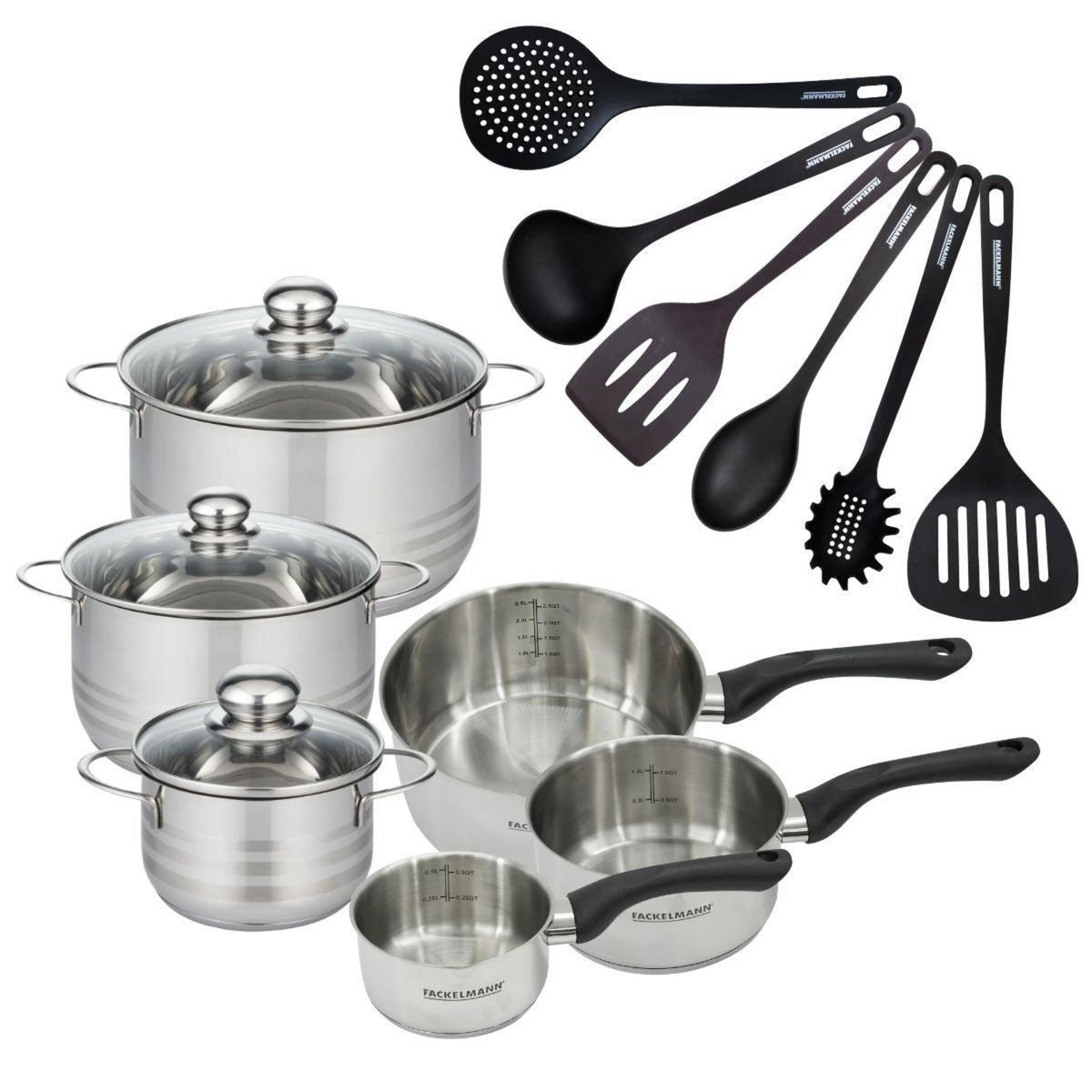 Fackelmann Set de 3 casseroles 12 16 20 cm en inox, 3 faitouts inox 16, 20 et 24 cm et 6 ustensiles RPET Fackelmann Geneva