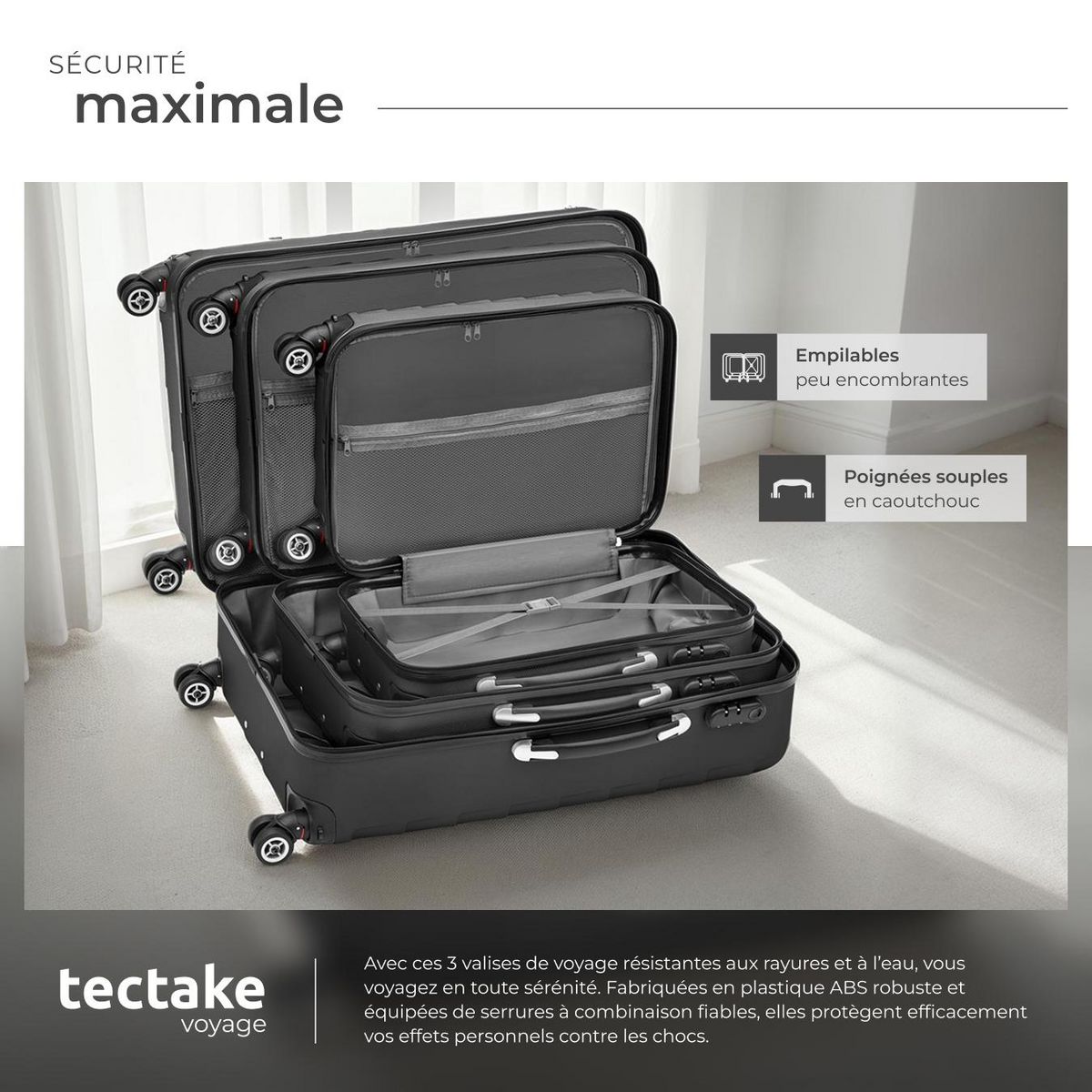 tectake Set de valises rigides 3 parties, en plastique ABS robuste noir