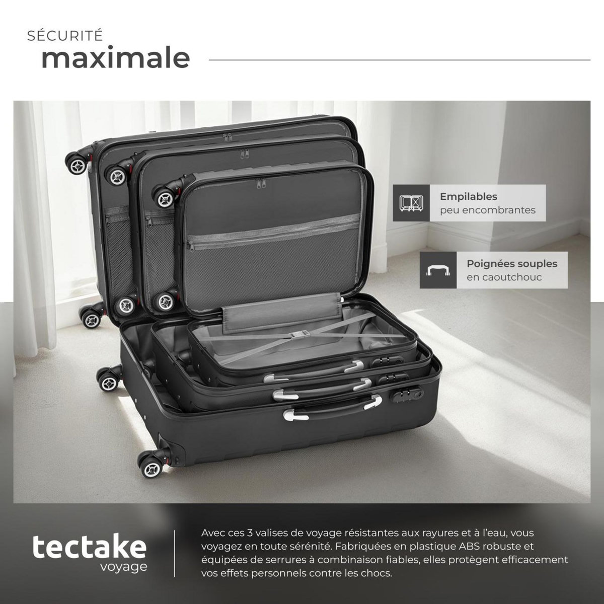 tectake Set de valises rigides 3 parties, en plastique ABS robuste noir