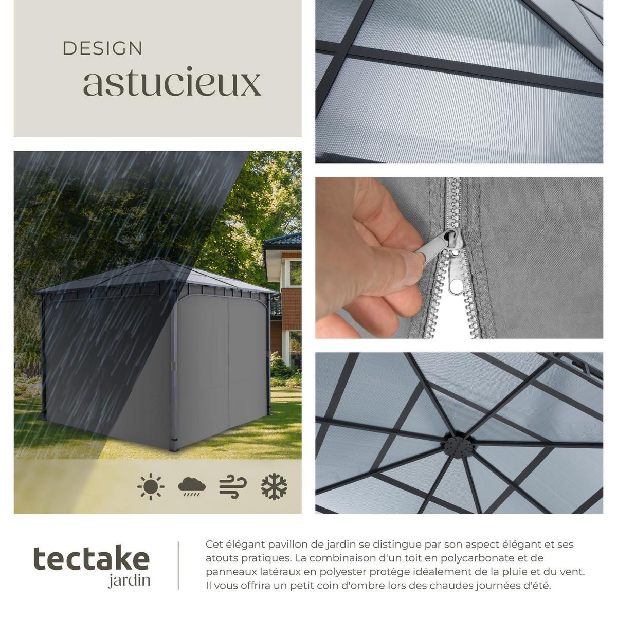 tectake Pavillon de jardin avec cadre en aluminium laqué époxy gris 3 x 3 m