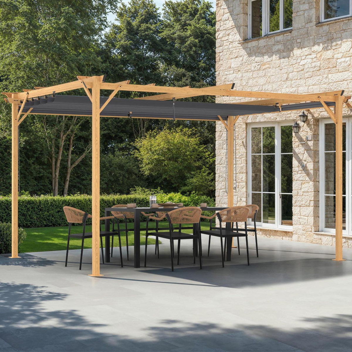 ID MARKET Pergola édition exclusive effet bois toit rétractable 3x4M et 4 stores gris anthracite
