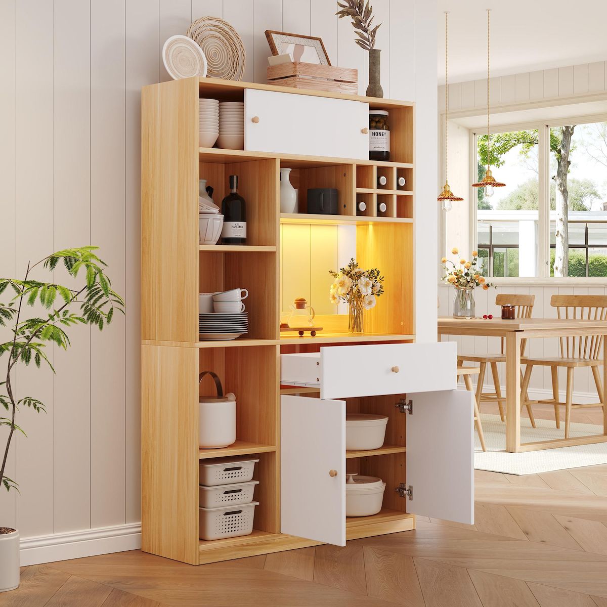 MERAX Buffet de cuisine 4 portes 1 tiroir - 115 cm naturel+blanc led panneau de particules