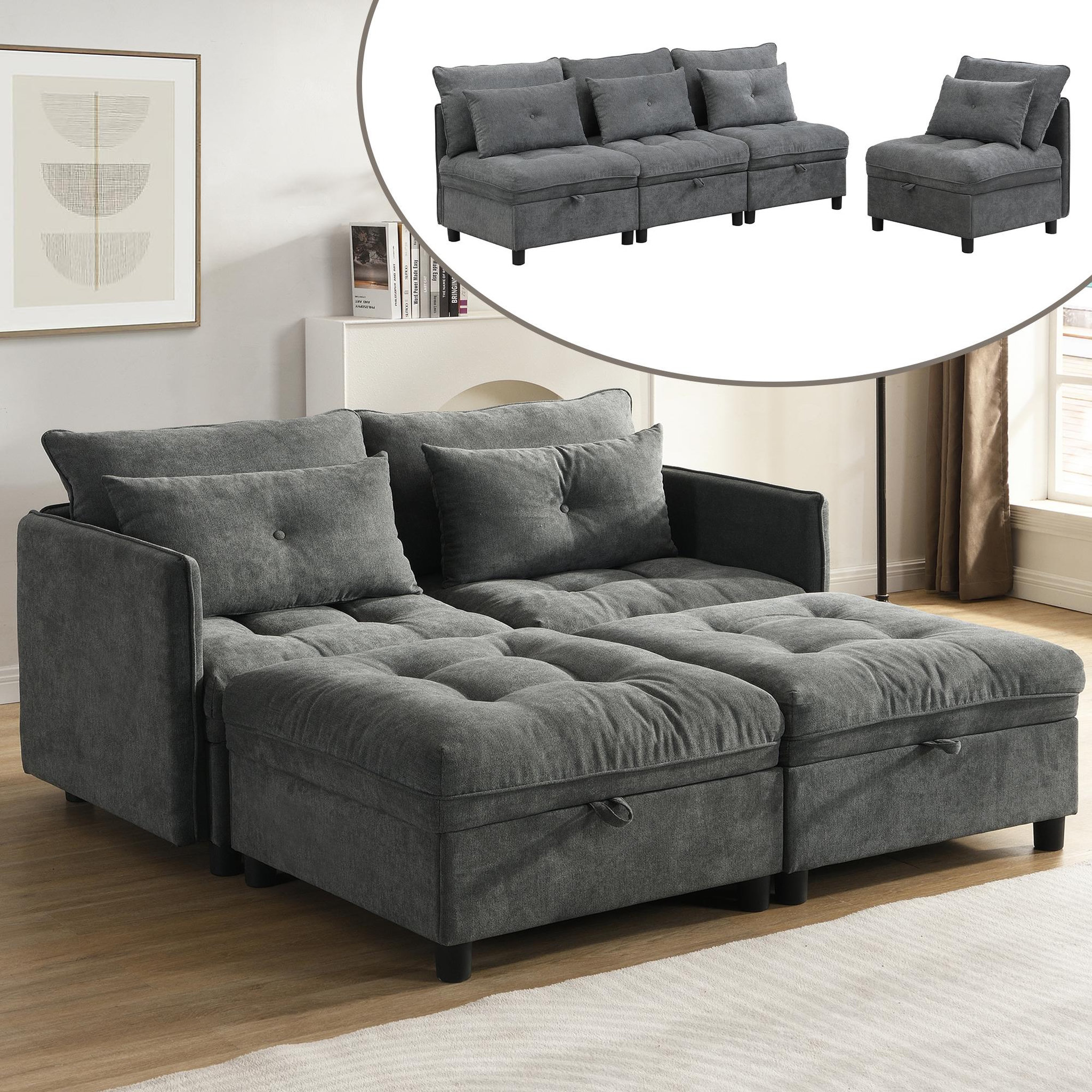 Voir la diapositive 4 : MERAX Canapé droit convertible 4 places tissu