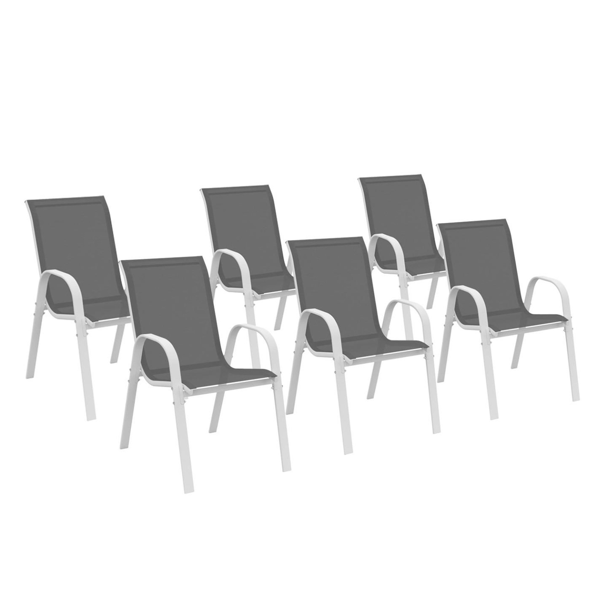 ID MARKET Lot de 6 chaises de jardin lyma métal et textilène empilables blanc et gris