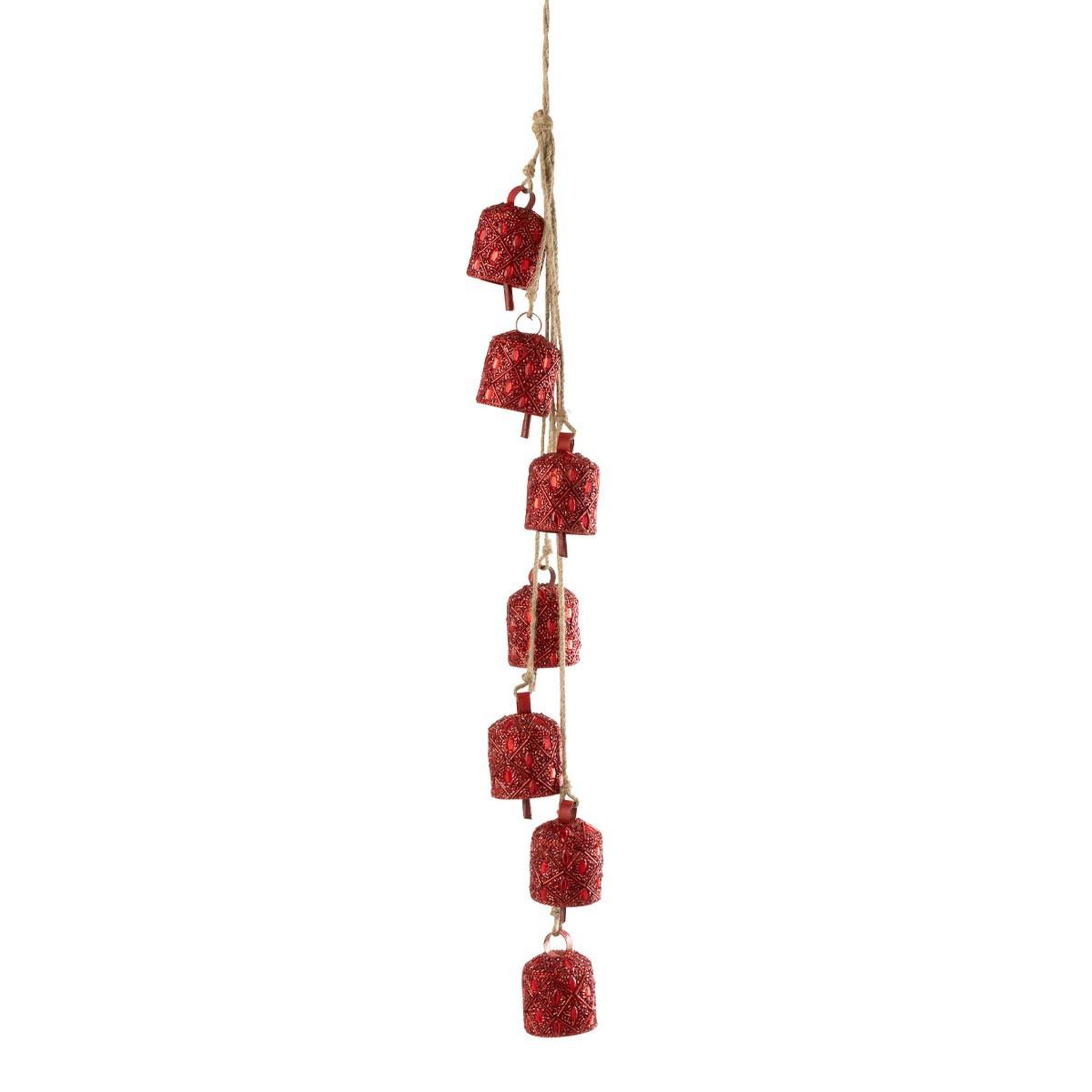 J-LINE Suspension de noël perlée  7 cloches  45cm rouge