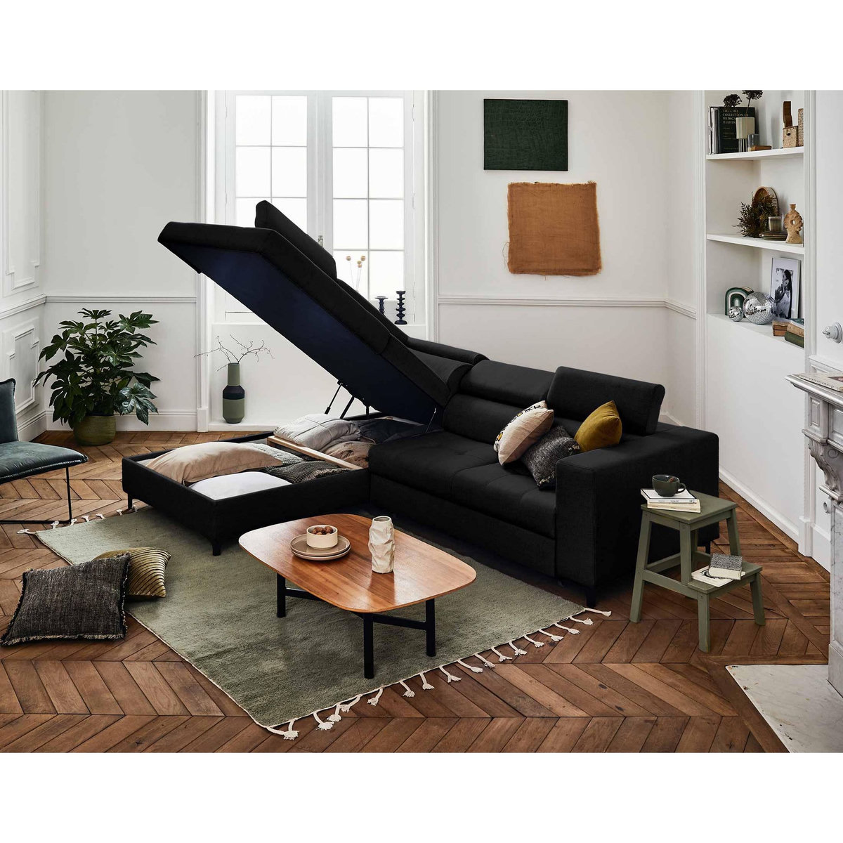 LISA DESIGN Olinda - canapé d'angle gauche - 5 places - convertible avec coffre et têtières réglables - en tissu