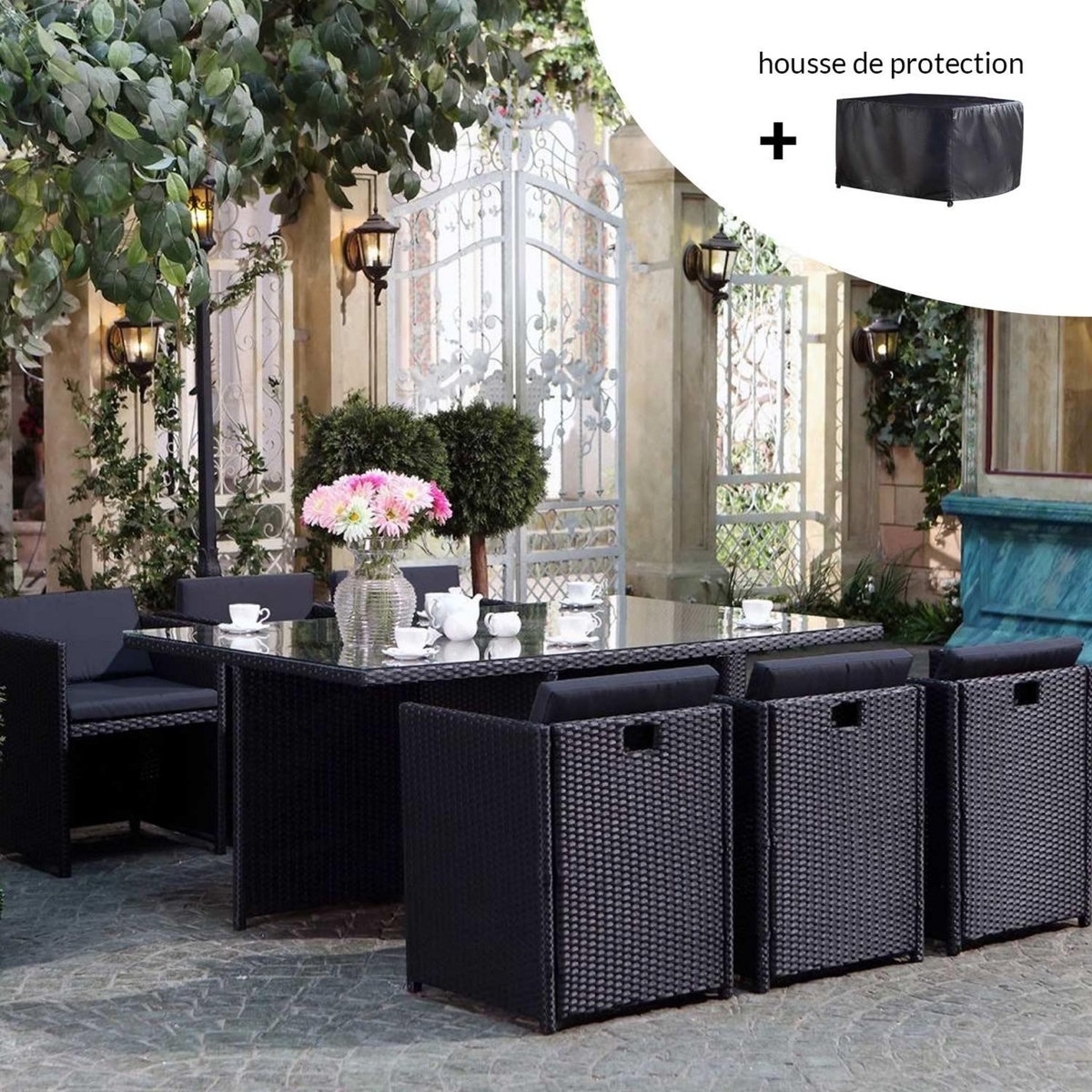 CONCEPT USINE MIAMI - Salon de jardin 6 places noir-noir + housse de protection MIAMI