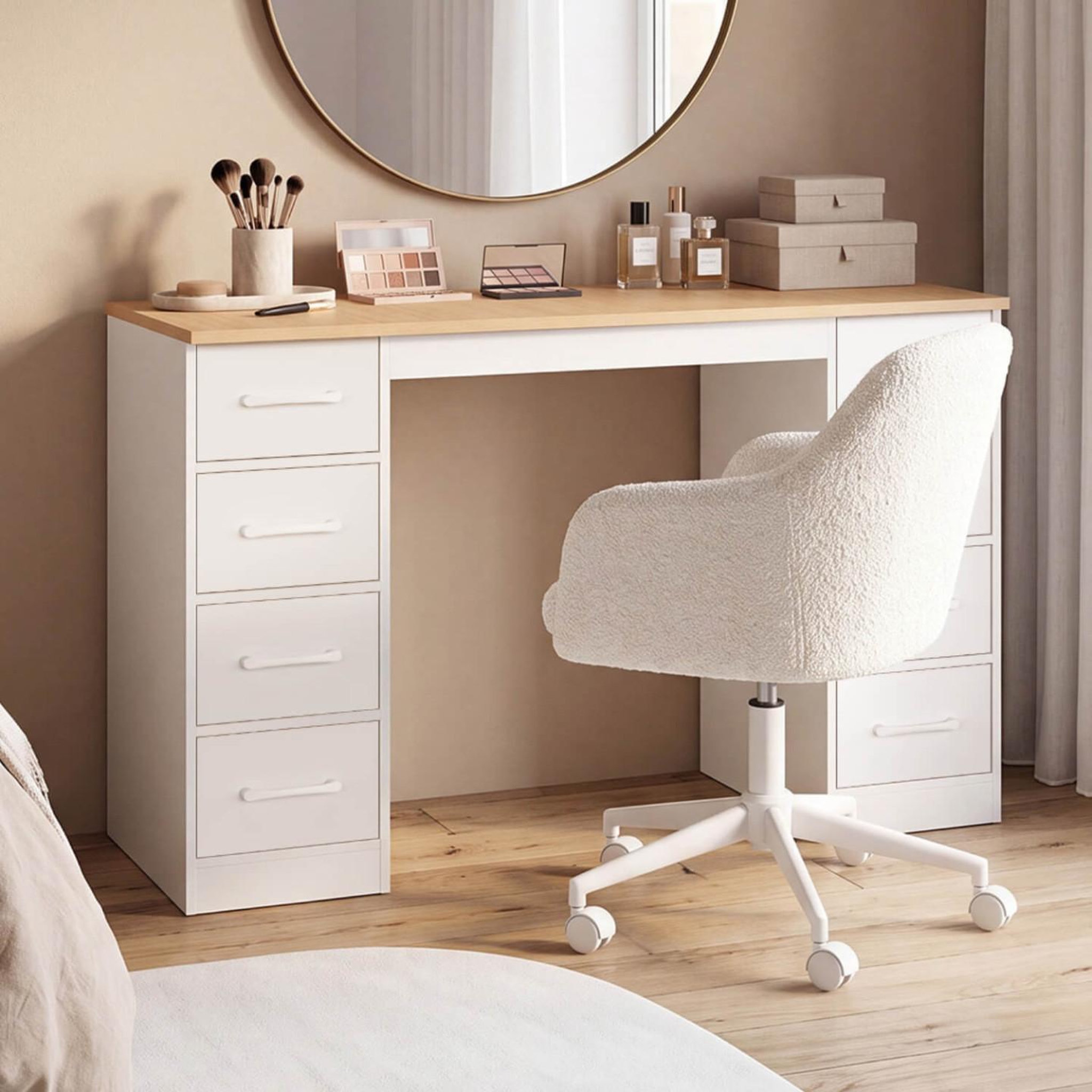 Voir la diapositive 5 : ID MARKET Bureau avec 8 tiroirs en tissu 120x45 cm uppah blanc et bois