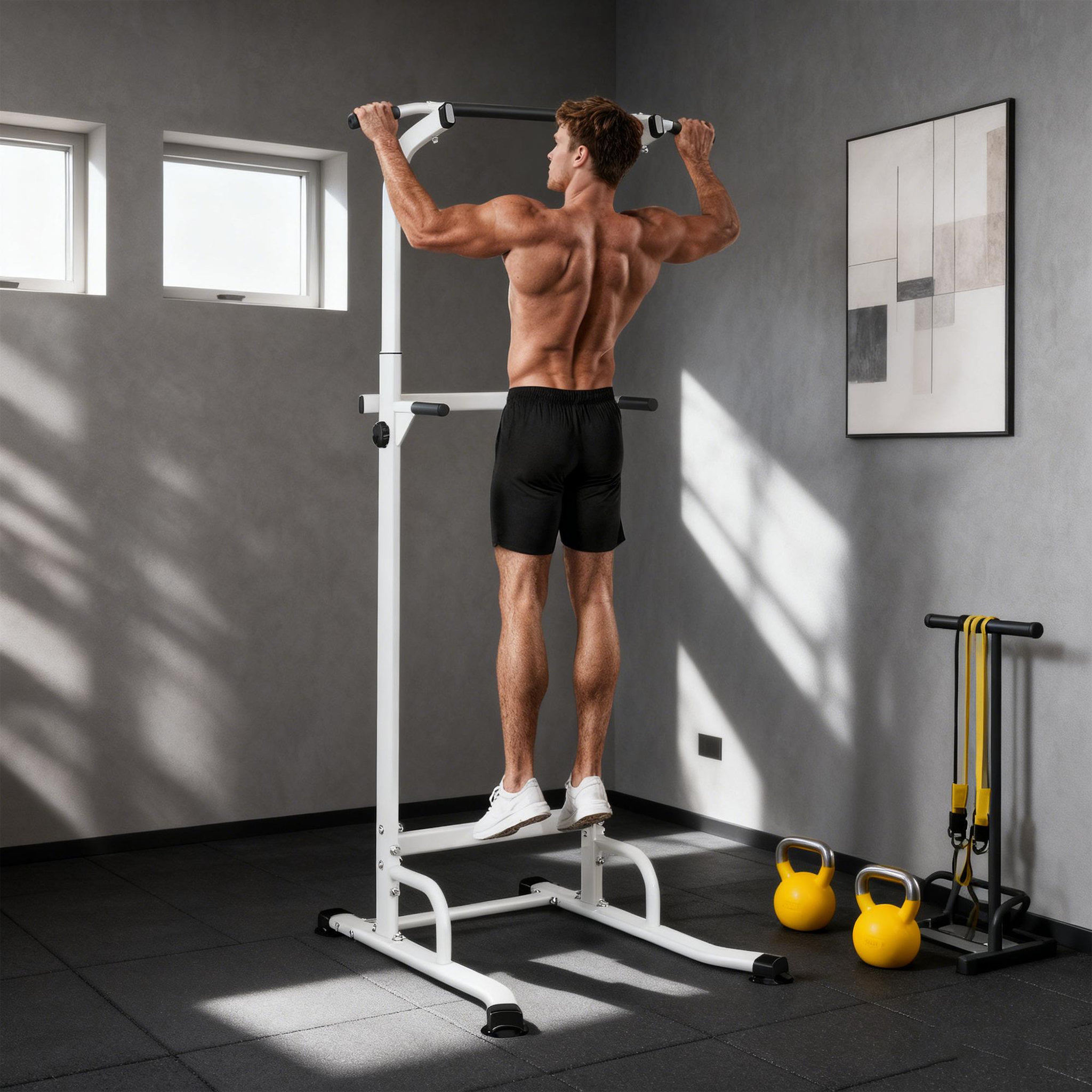Voir la diapositive 4 : HOMCOM Station de traction et dips - barre de traction autoportante réglable h.176-227cm - acier blanc