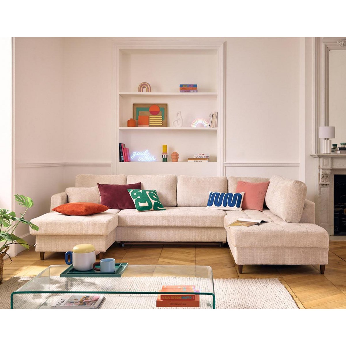 LISA DESIGN Anna - canapé panoramique d'angle droit 7 places convertible avec coffre en velours texturé