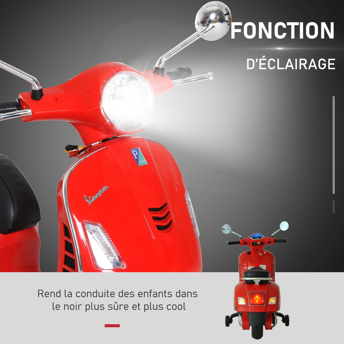 HOMCOM Scooter moto électrique enfants 6 V dim. 102L x 51l x 76H cm musique MP3 port USB klaxon phare feu AR rouge Vespa