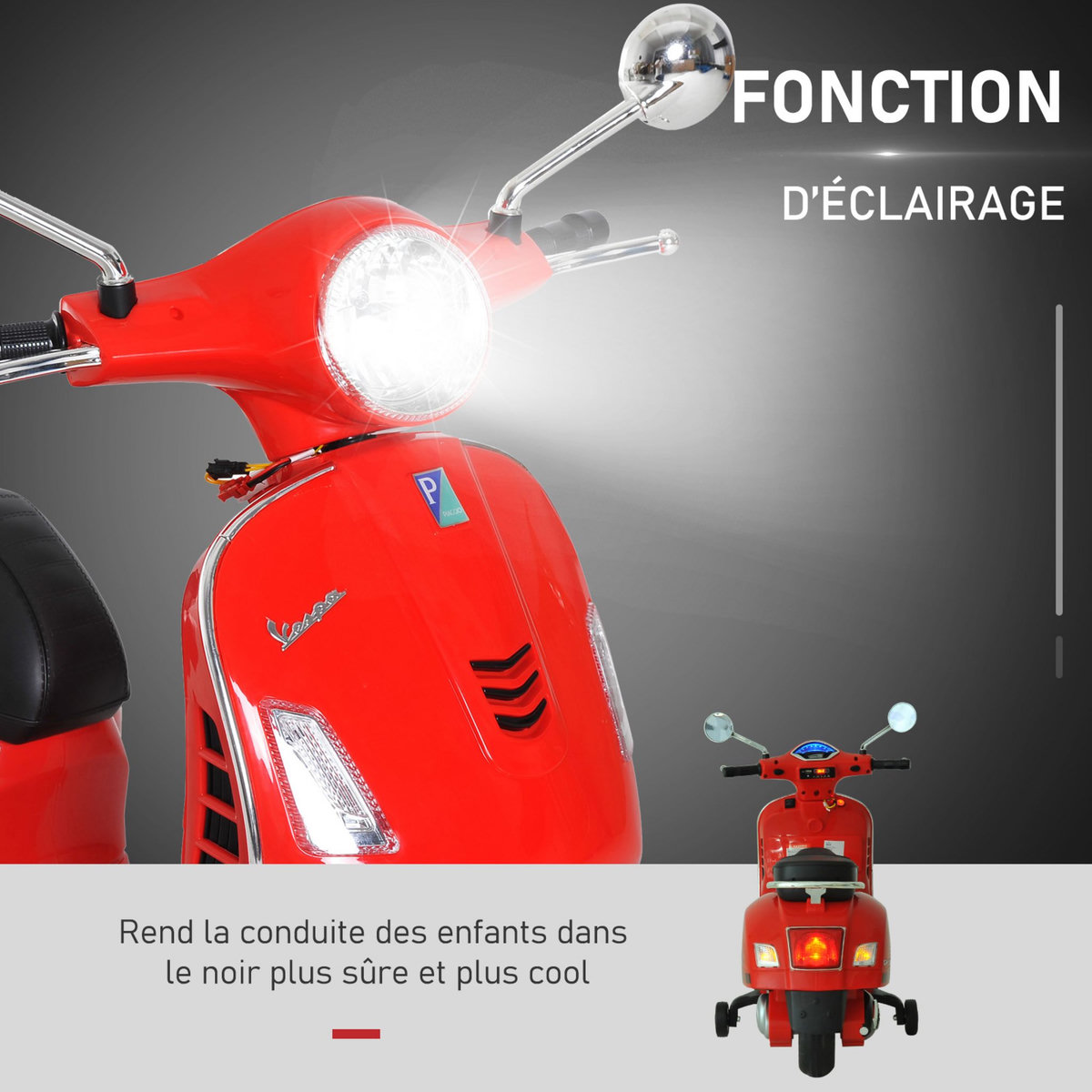 HOMCOM Scooter moto électrique enfants 6 V dim. 102L x 51l x 76H cm musique MP3 port USB klaxon phare feu AR rouge Vespa