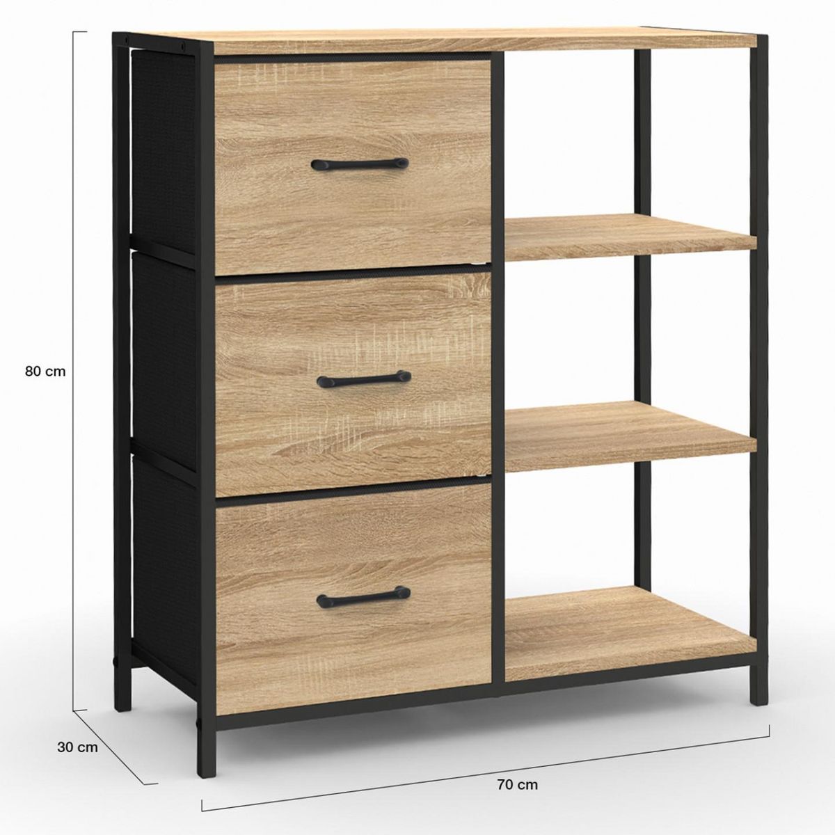 ID MARKET Buffet d'appoint 3 tiroirs et étagères 70 cm UTAH design industriel