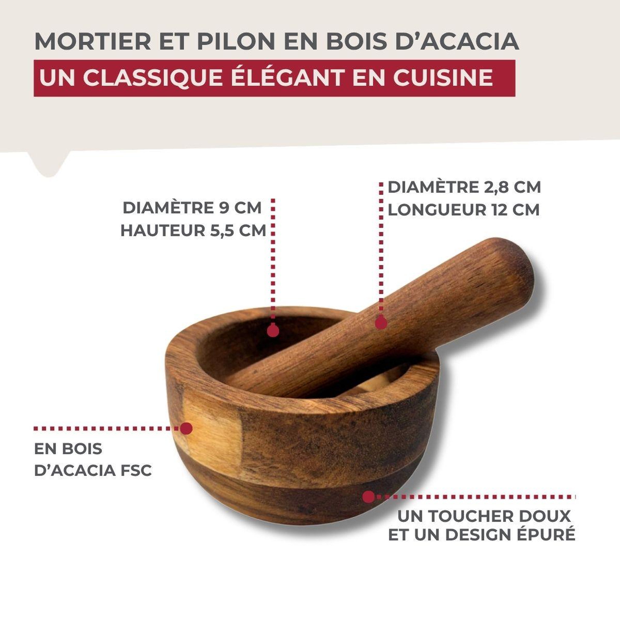 Voir la diapositive 6 : Fackelmann Mortier avec pilon 9 cm en bois d'acacia fackelmann
