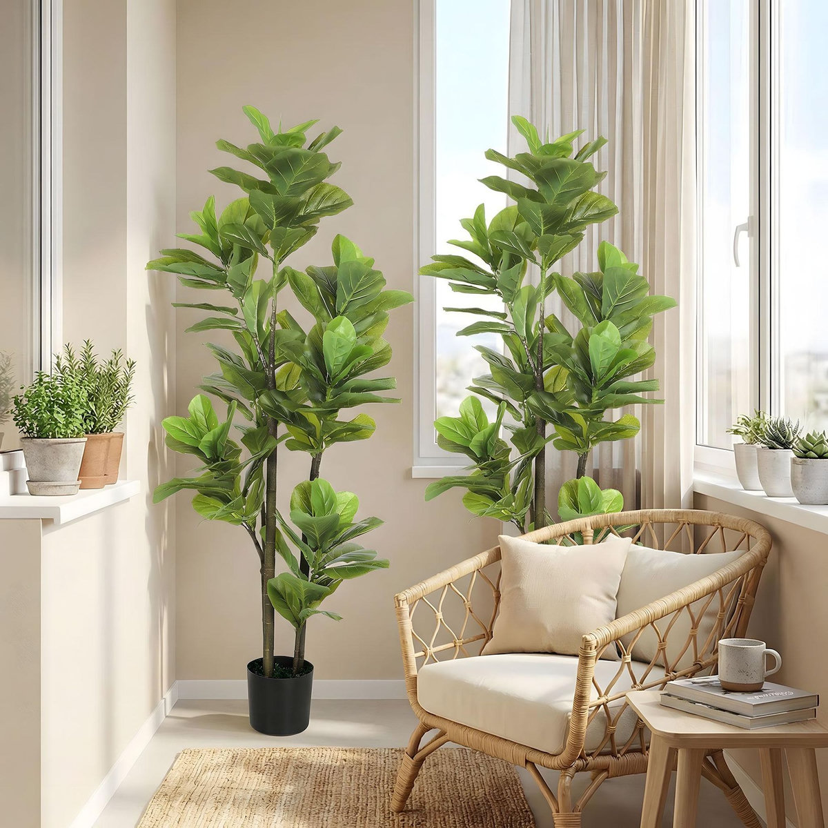 HOMCOM Ficus Lutea artificiels 1,50H m - lot de 2 ficus artificiels - 120 feuilles réalistes par pied - pot inclus noir vert