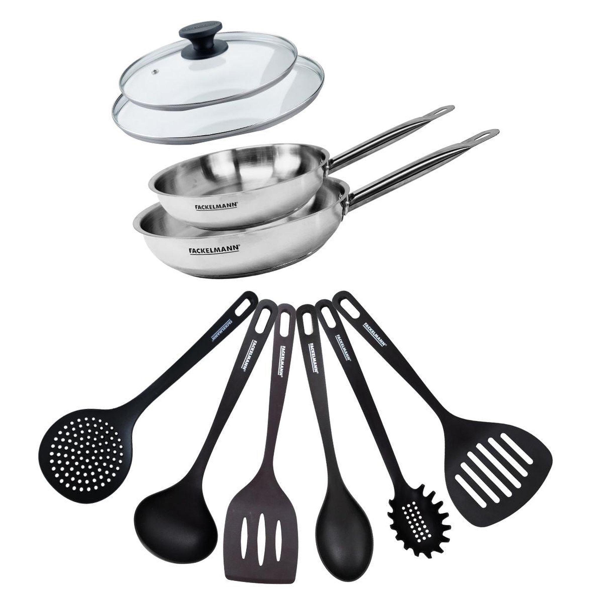 Fackelmann Set de 2 poêles de 20 et 24 cm en inox, 2 couvercles en verre et 6 ustensiles Fackelmann Eterna