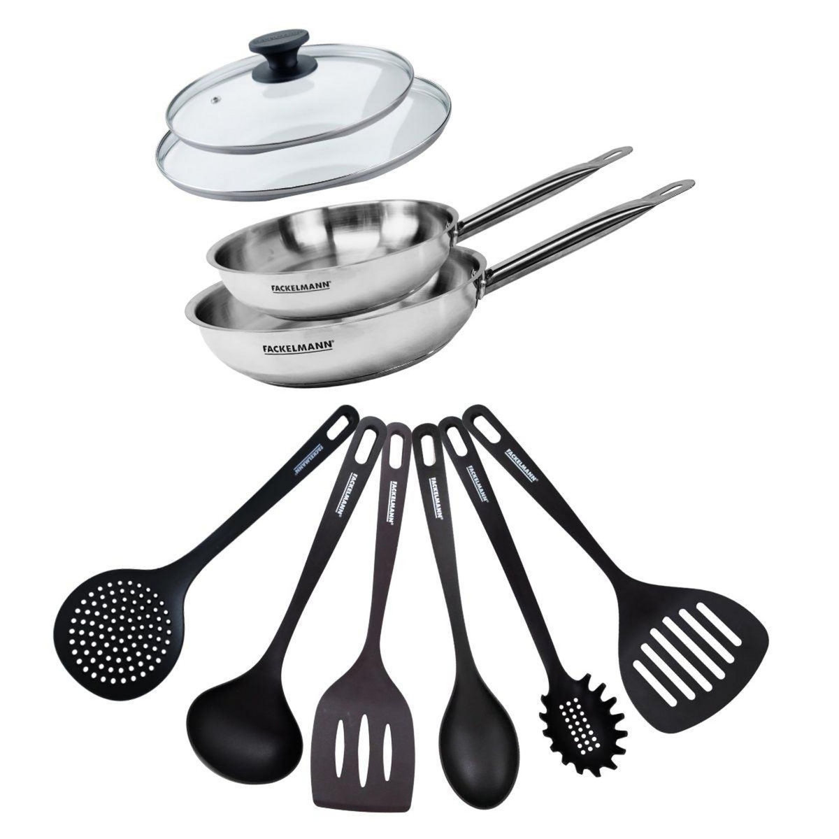 Fackelmann Set de 2 poêles de 20 et 24 cm en inox, 2 couvercles en verre et 6 ustensiles Fackelmann Eterna