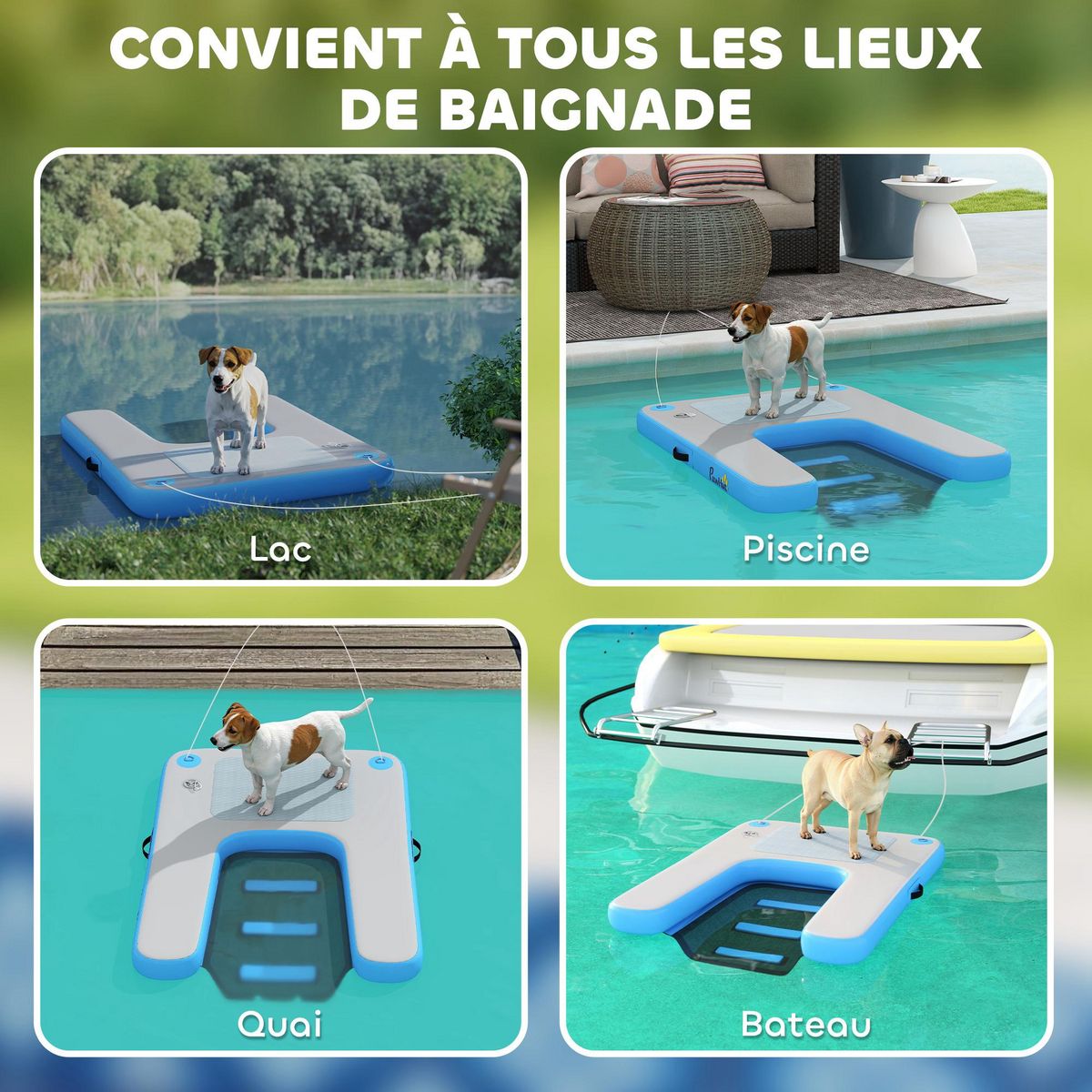 PAWHUT Rampe pour chien - rampe d'eau flottante gonflable pour chien - échelle flottante pour bateaux - surface antidérapante bleu gris