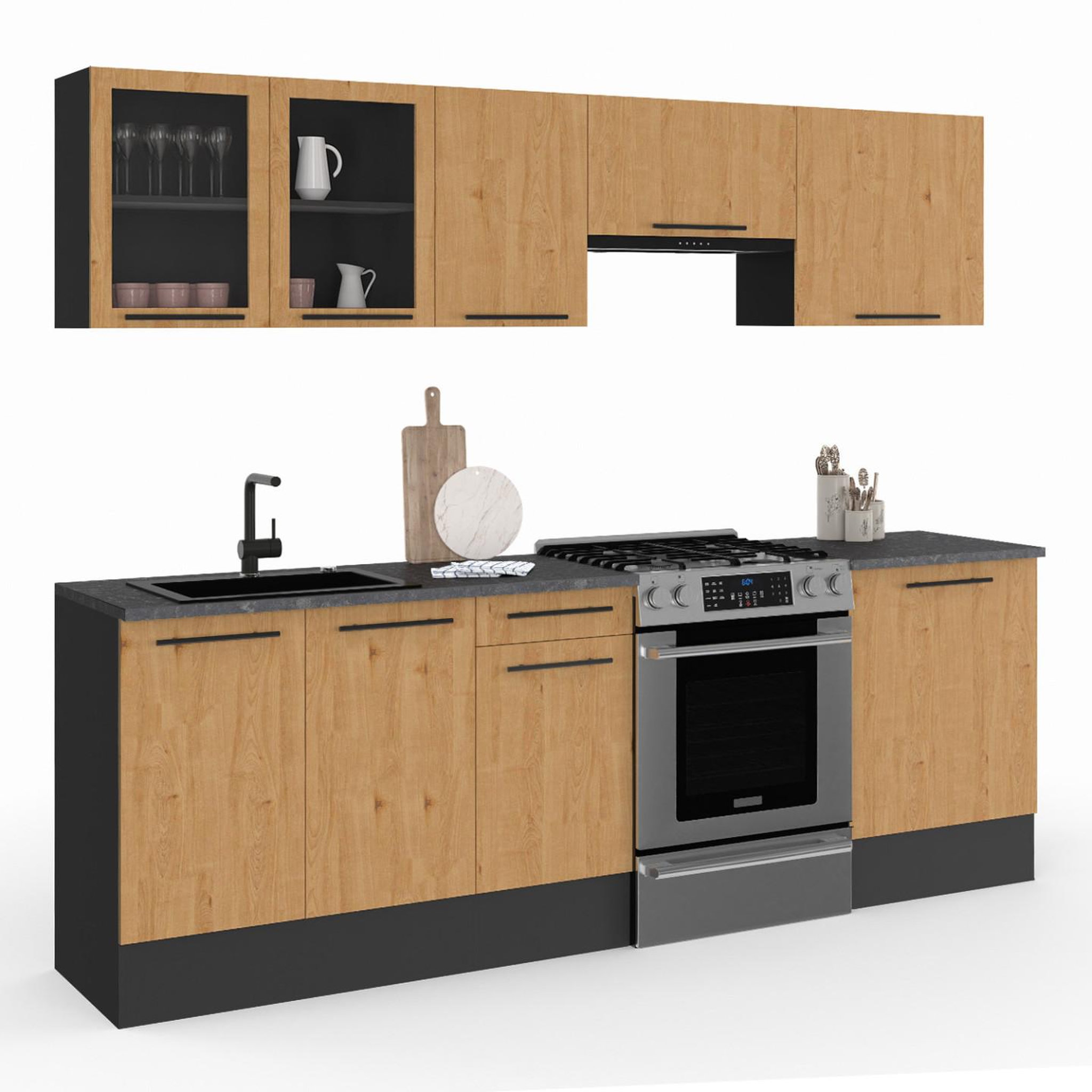 ID MARKET Cuisine complète 240 cm subtil avec vitrine + plan de travail 7 éléments noir et façon hêtre