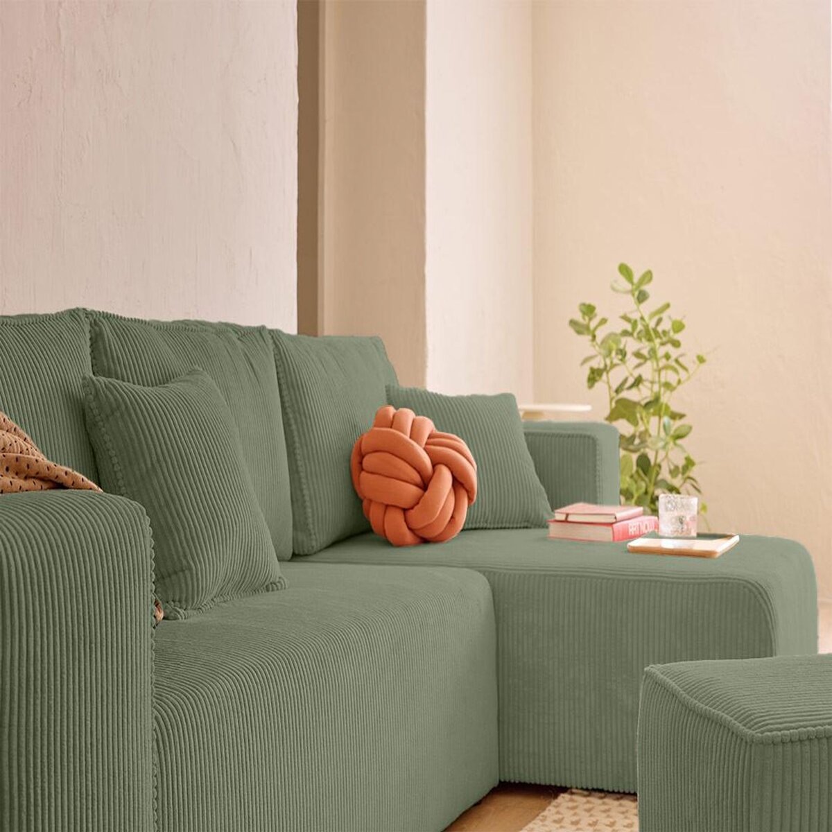 BEST MOBILIER Topaze - canapé d'angle réversible 4 places - convertible avec coffre, tablette et poufs - en velours côtelé