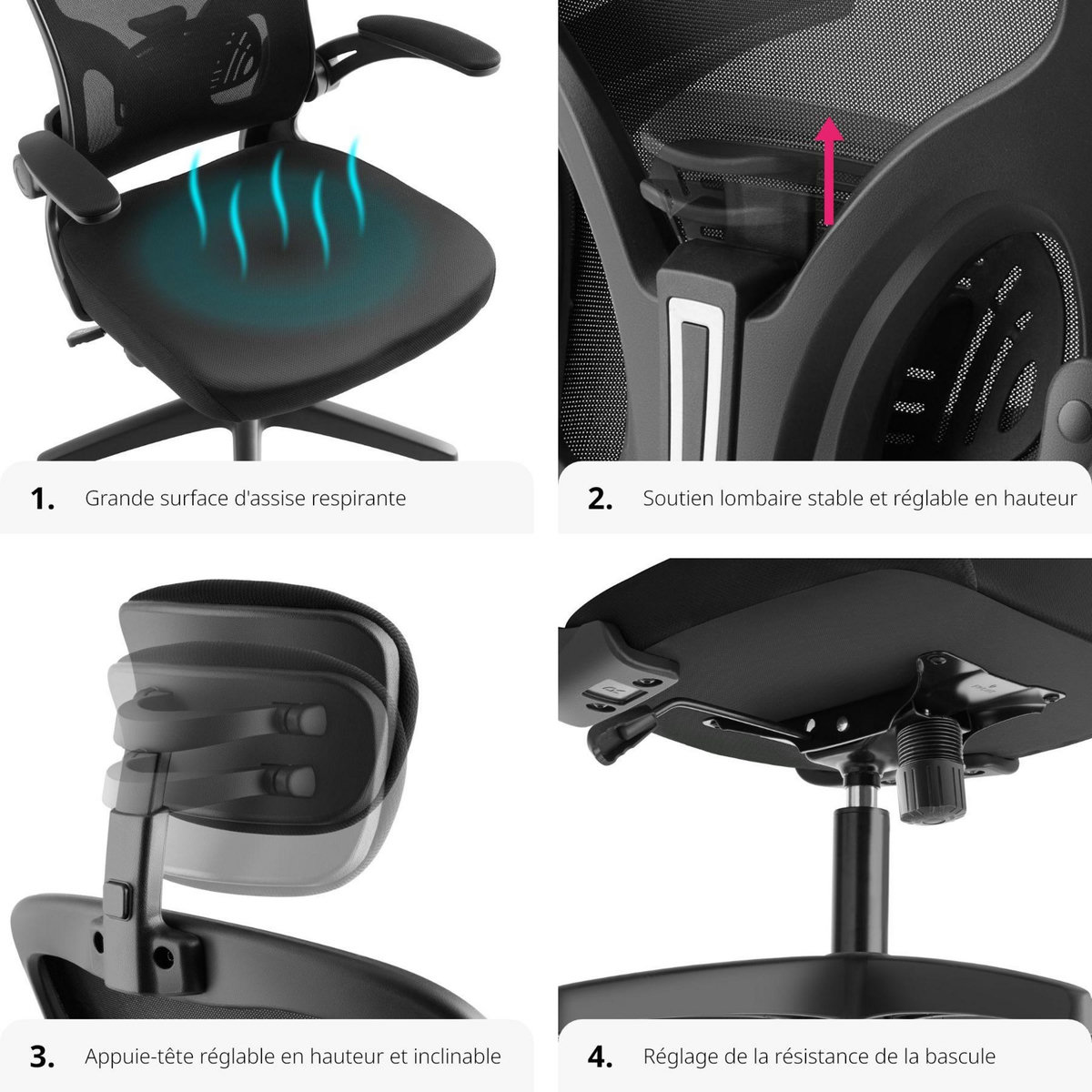 tectake Fauteuil de bureau forme ergonomique avec soutien lombaire et appuie-tête réglables noir