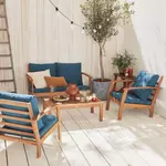 SWEEEK Salon de jardin en bois 4 places - Ushuaïa - Canapé, fauteuils et table basse en acacia, design. Coloris disponibles : Gris, Beige, Bleu, Vert, Marron