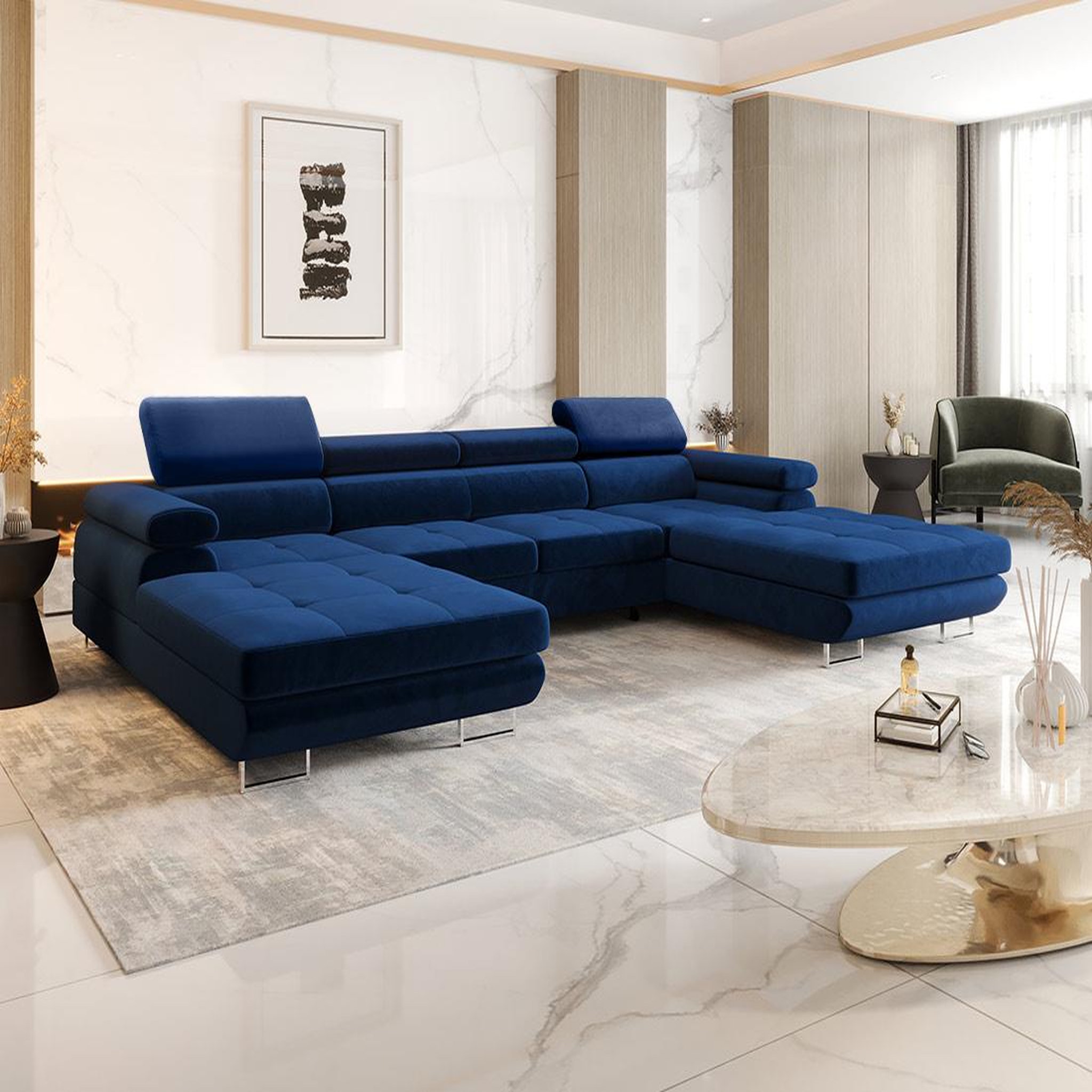 Voir la diapositive 2 : BEST MOBILIER Ayden - canapé panoramique en u 7 places convertible avec coffre et têtières réglables en tissu