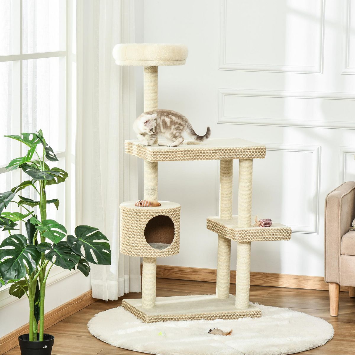 PAWHUT Arbre à chats style cosy chic H135 cm griffoirs sisal naturel niche plateformes peluche courte bicolore beige café