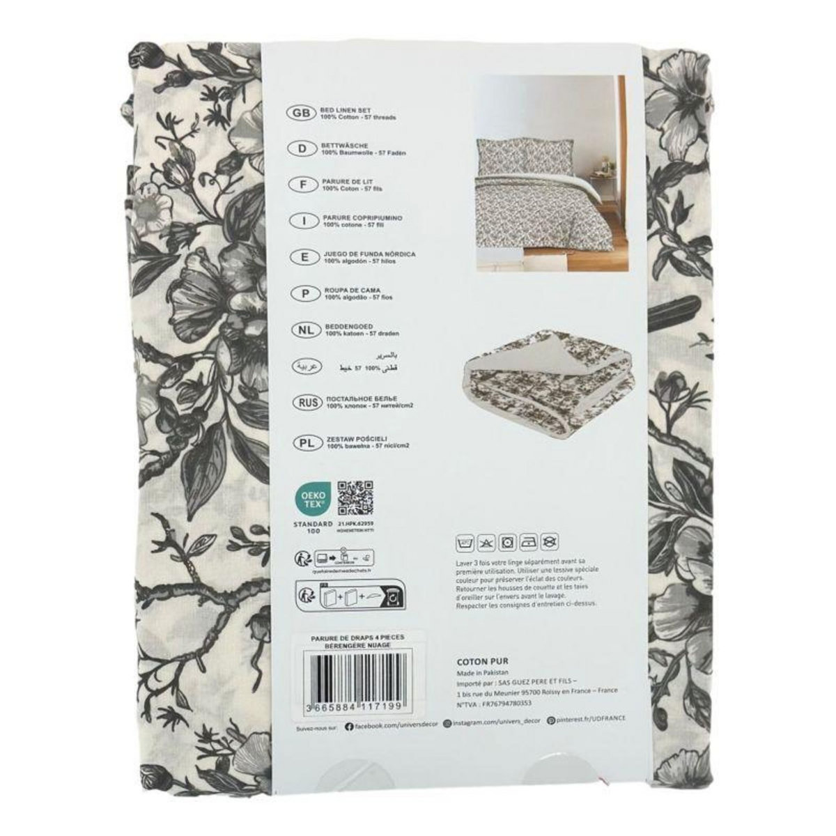 COTON PUR Parure de draps 4 pièces pour lit 140 x 190 cm Bérengère nuage