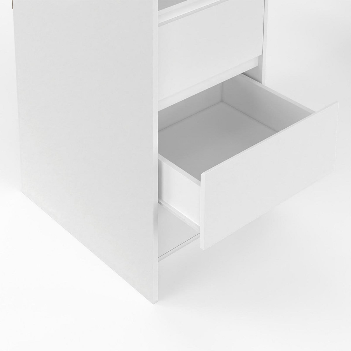 ID MARKET Dressing extensible double MERYL 120/180 cm blanc avec 6 tiroirs + étagères + double penderie + rideau gris