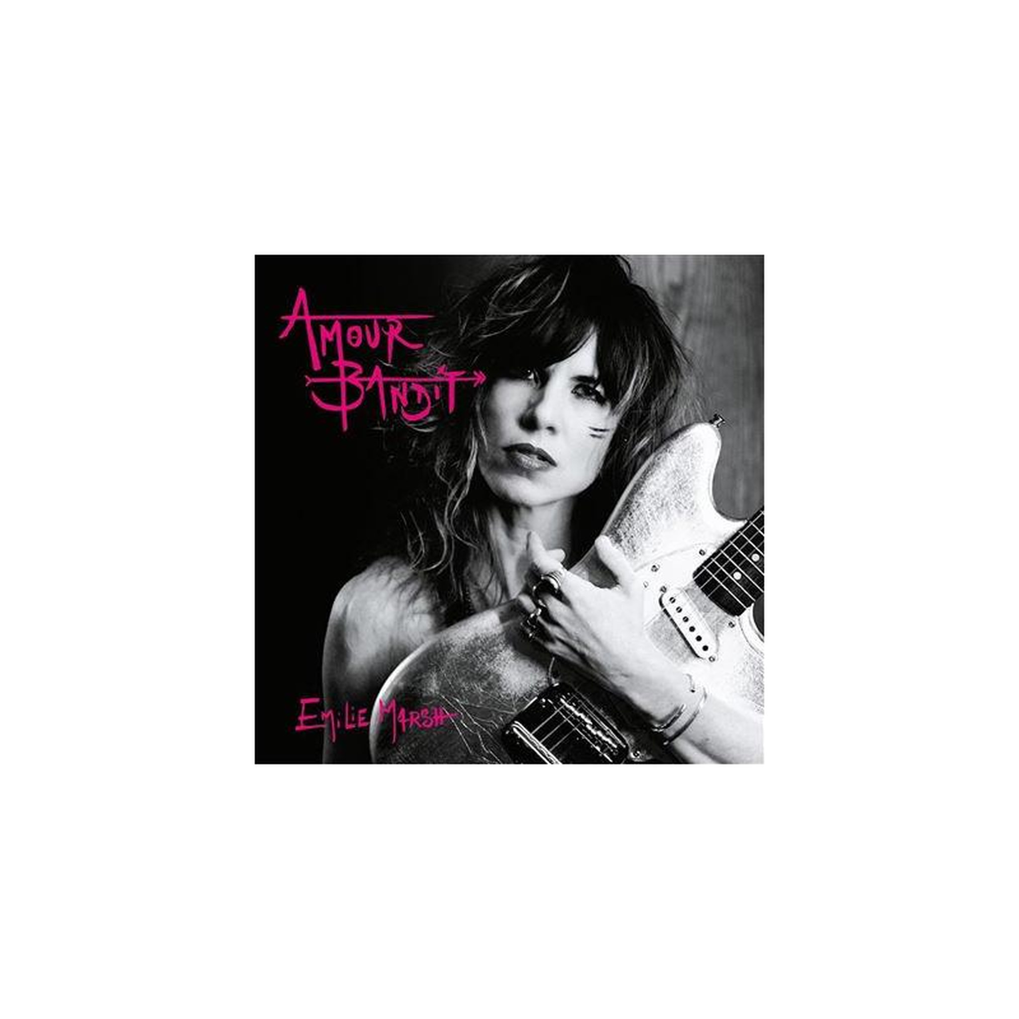 Vinyle artwork couverture noir et blanc femme à la guitare, typographie rose « amour » « bandit »