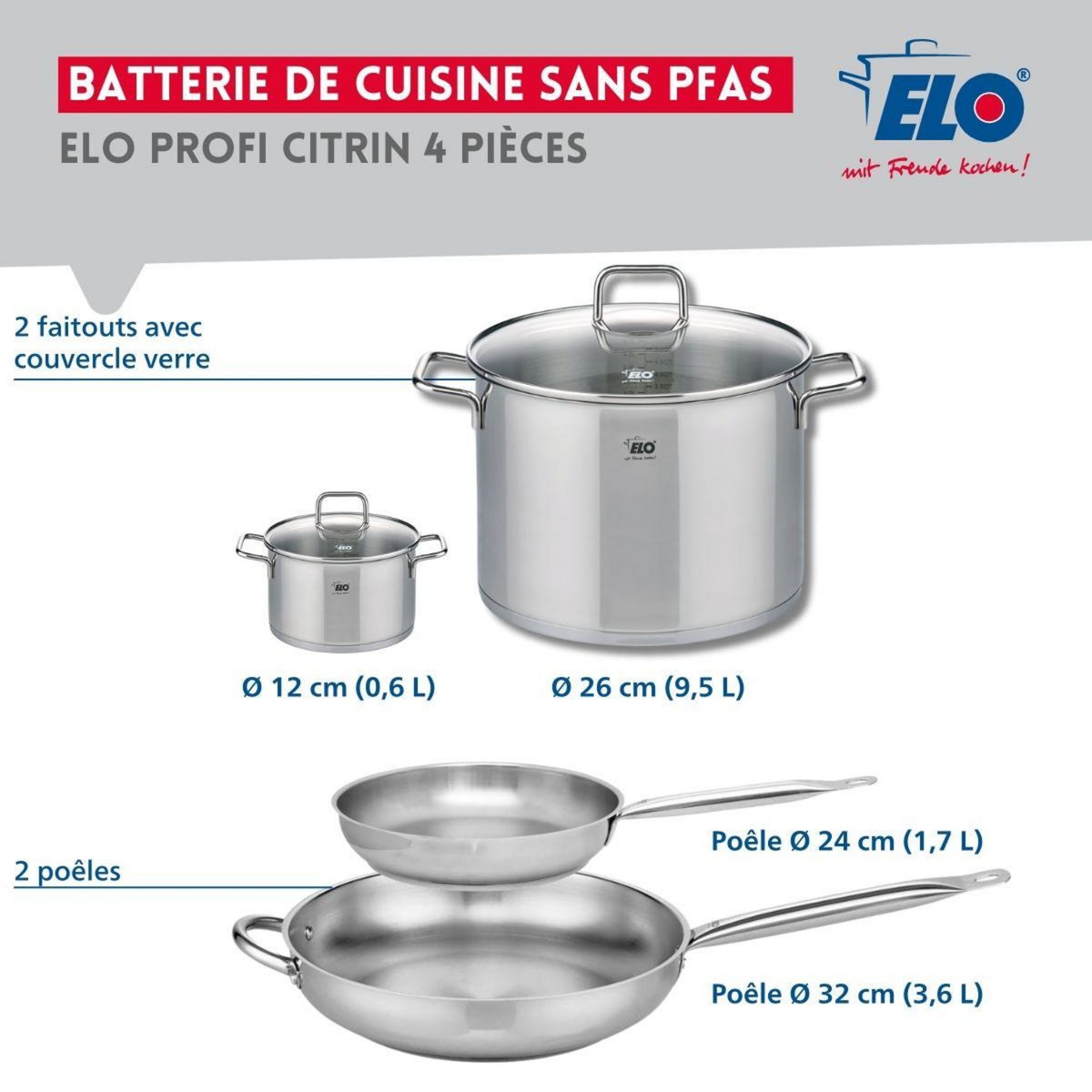 666 Barcelona Ensemble de 2 Poêles de cuisson 24 et 32 cm et 2 faitouts 12 et 26 cm Elo Profi Citrin